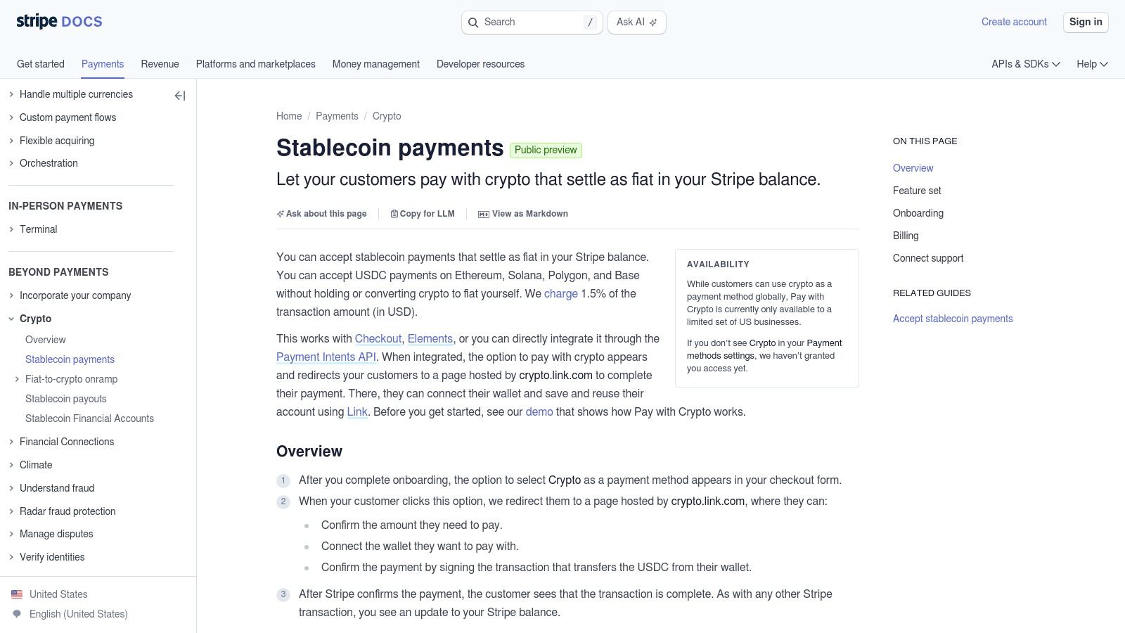 Stripe Stablecoin Payments (Pay with Crypto)