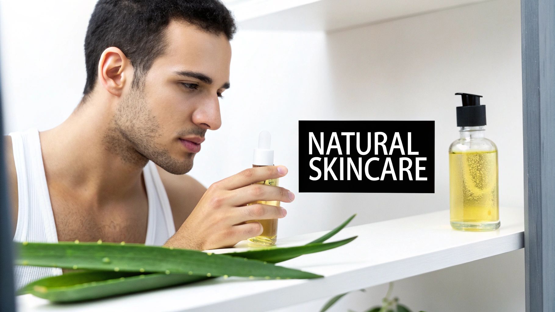 A man applying a natural skincare product to his face, with a clean, modern background.