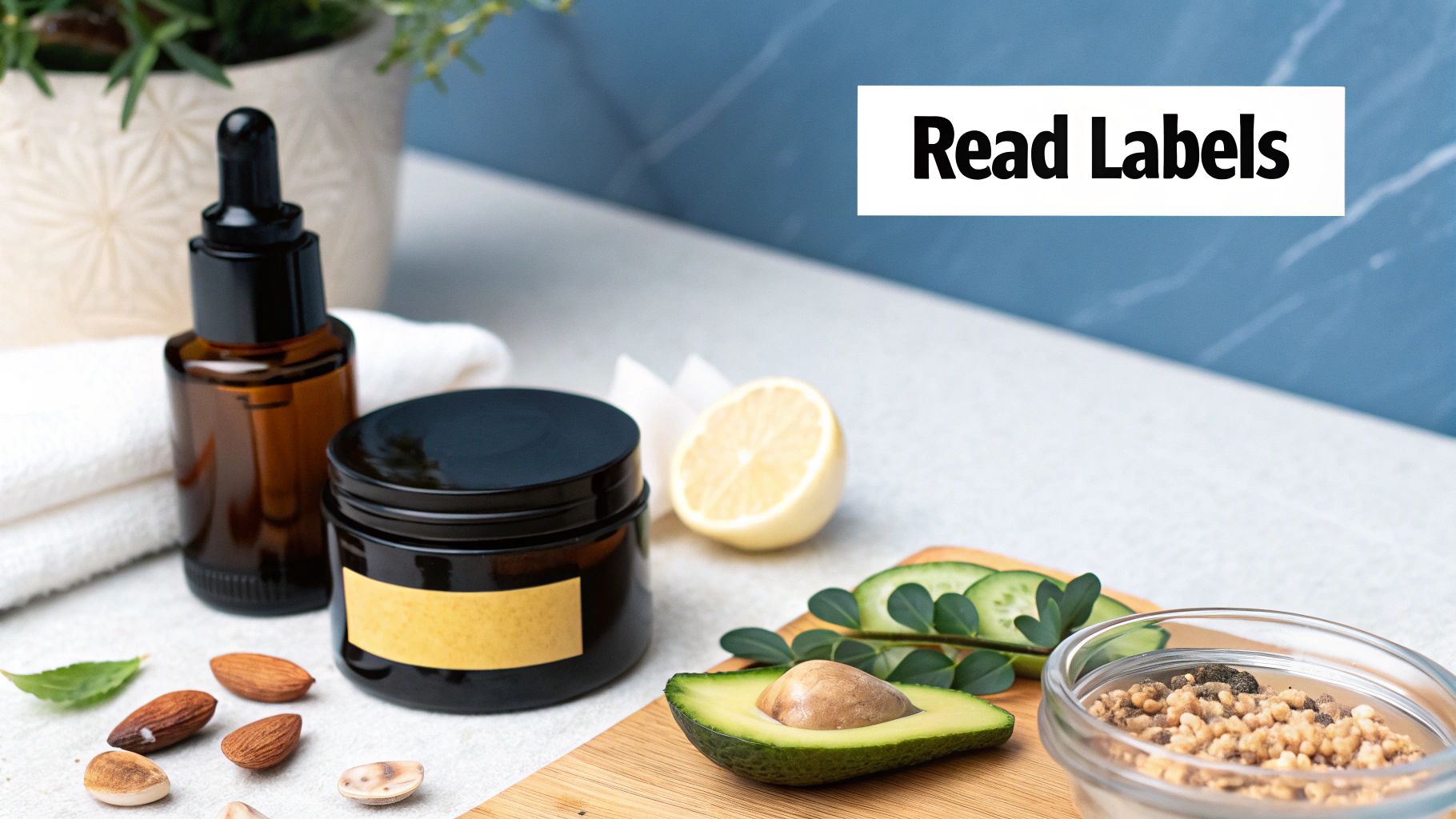 A close-up shot of a moisturizer's ingredient label, with a person's finger pointing to a specific natural ingredient, illustrating label reading.