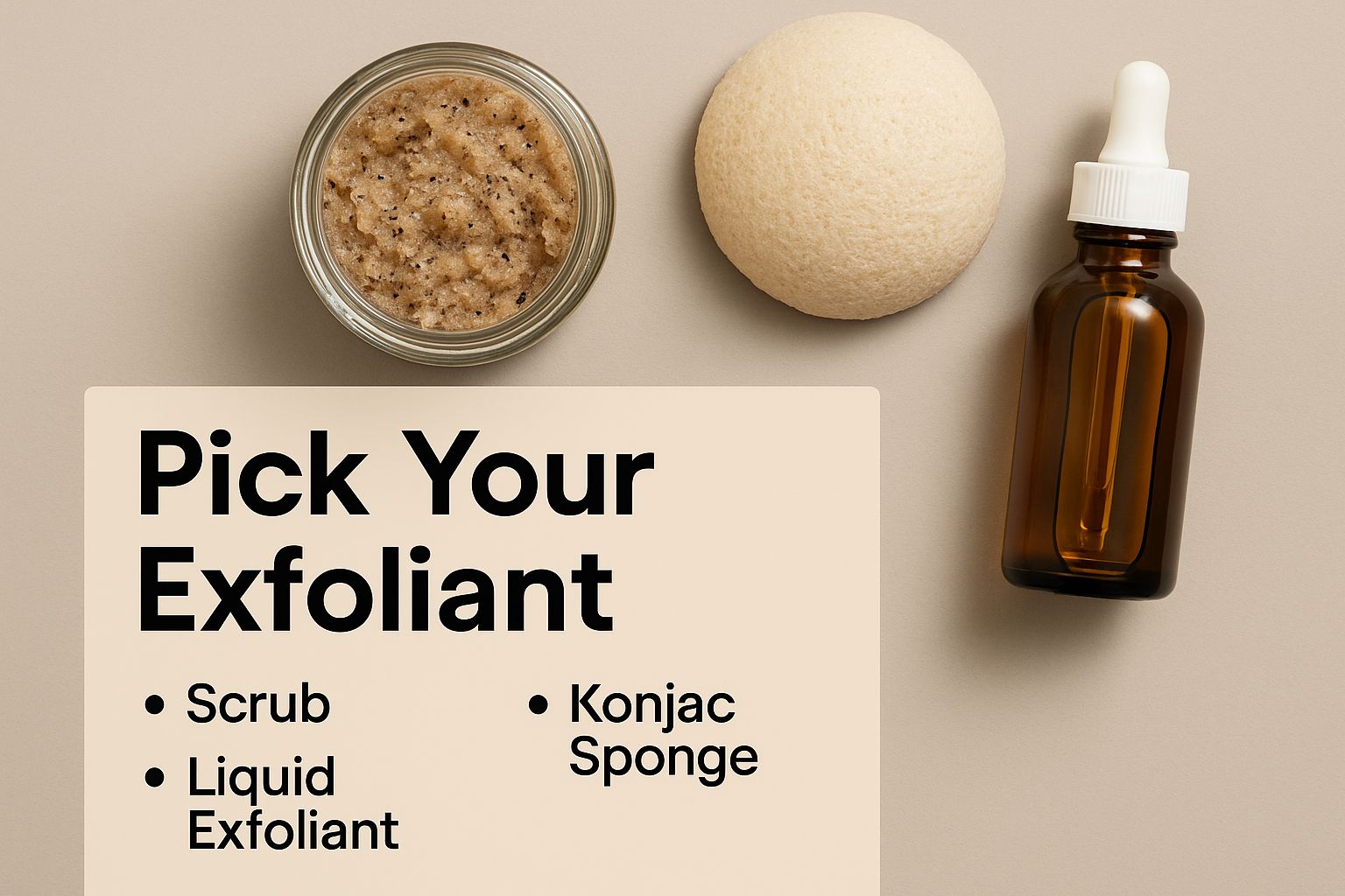 An overhead flat lay shows a scrub jar, konjac sponge, and a dropper bottle with the text 'Pick Your Exfoliant' in the lower third.