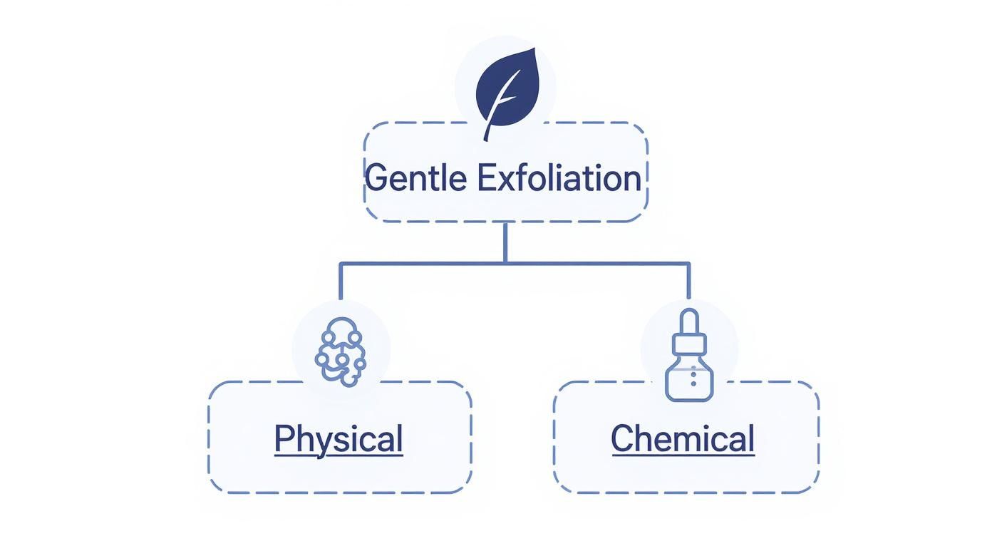 Gentle exfoliation diagram showing physical and chemical exfoliation methods for skincare routines