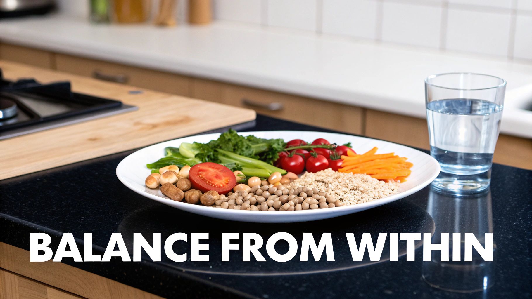 A person drinking a green smoothie while surrounded by fresh fruits and vegetables.