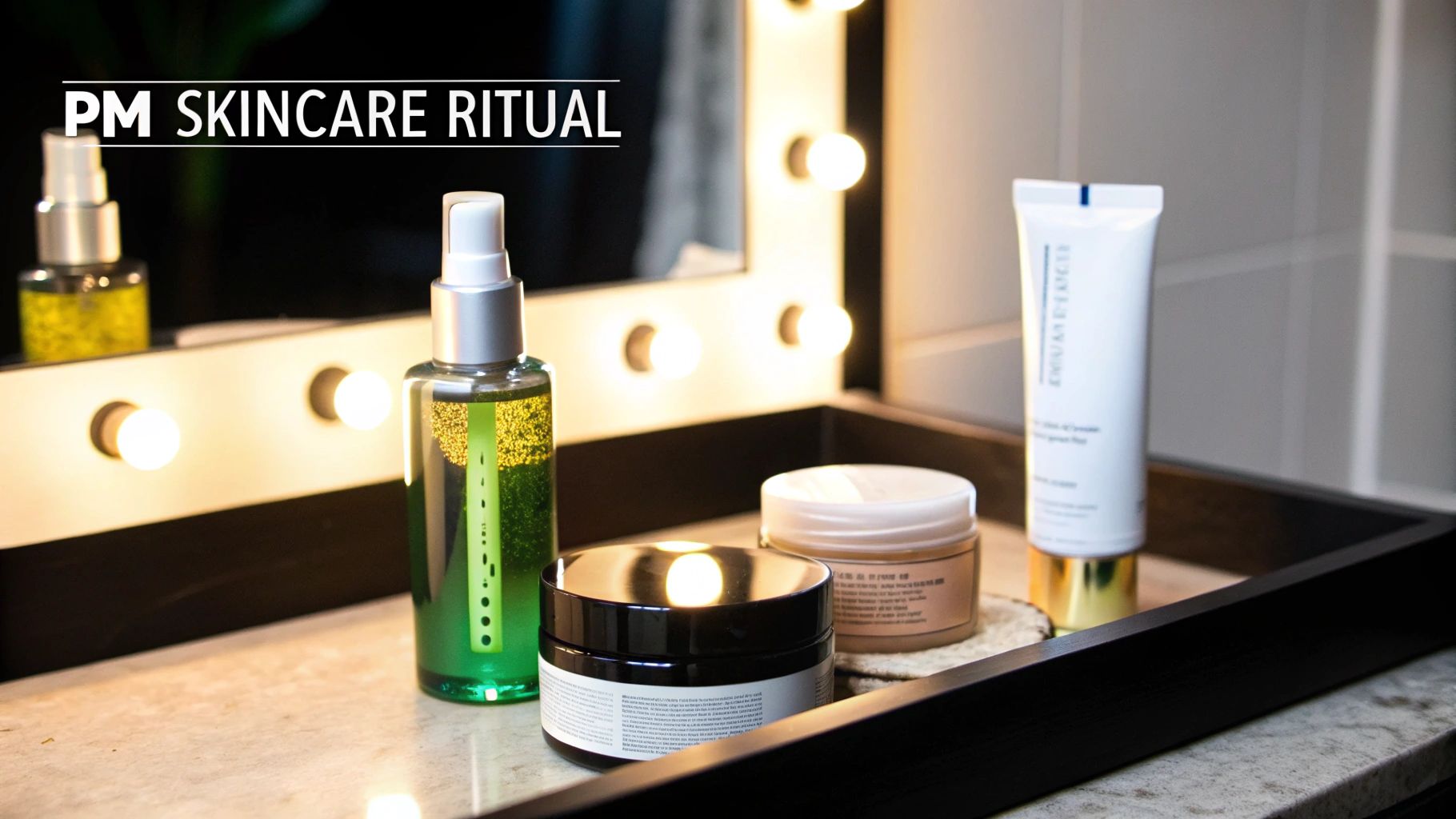 A man cleansing his face at night in a calm bathroom setting.