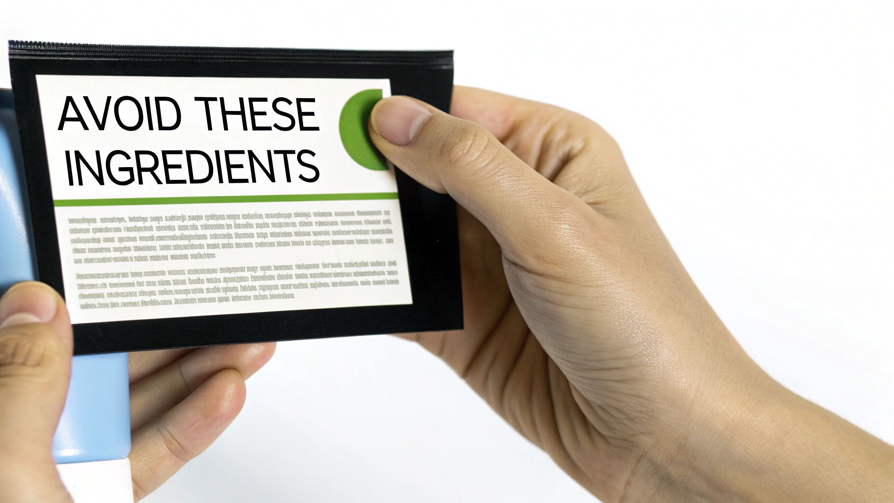 A skincare product's ingredient list being examined closely.