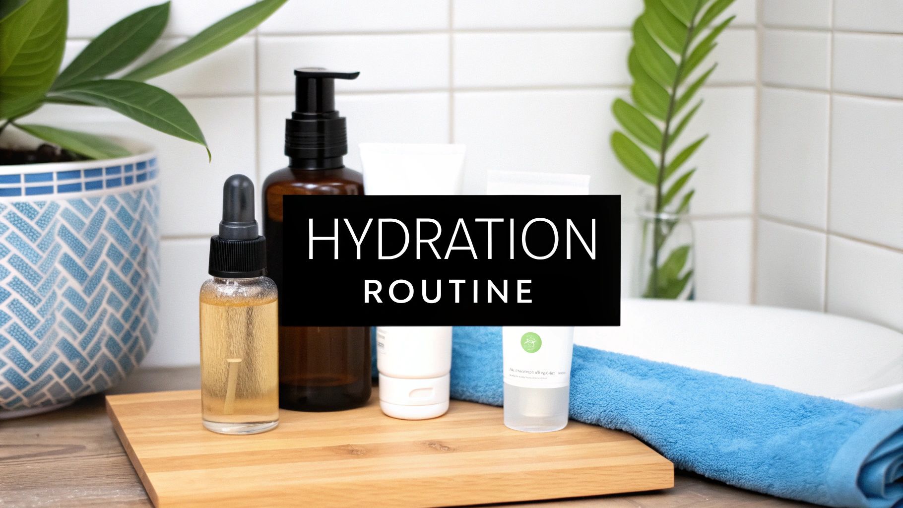 A flat lay of skincare products, including a cleanser, serum, and moisturizer, arranged neatly.