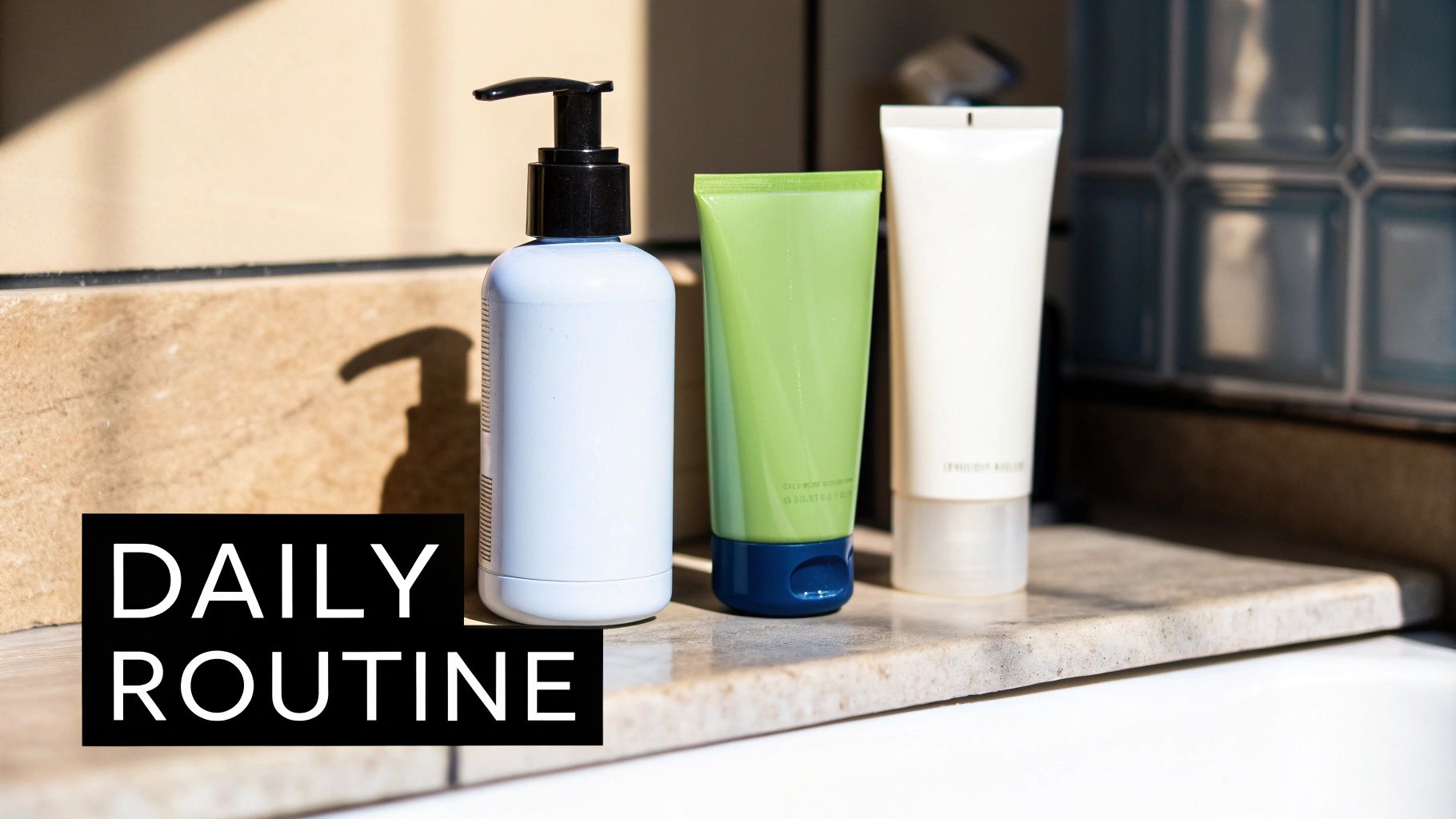 Three minimalist bottles of skincare or grooming products on a bathroom counter, bathed in sunlight, with 'DAILY ROUTINE' text.