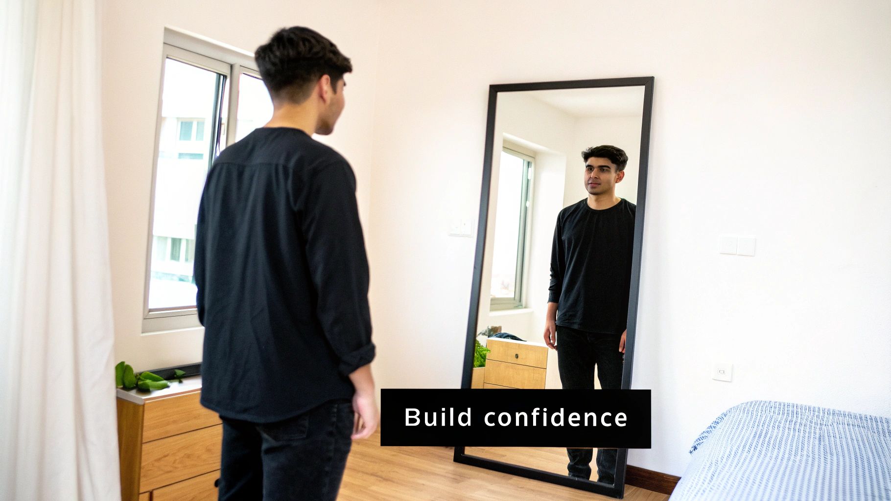 A confident man standing with good posture and a well-groomed appearance.