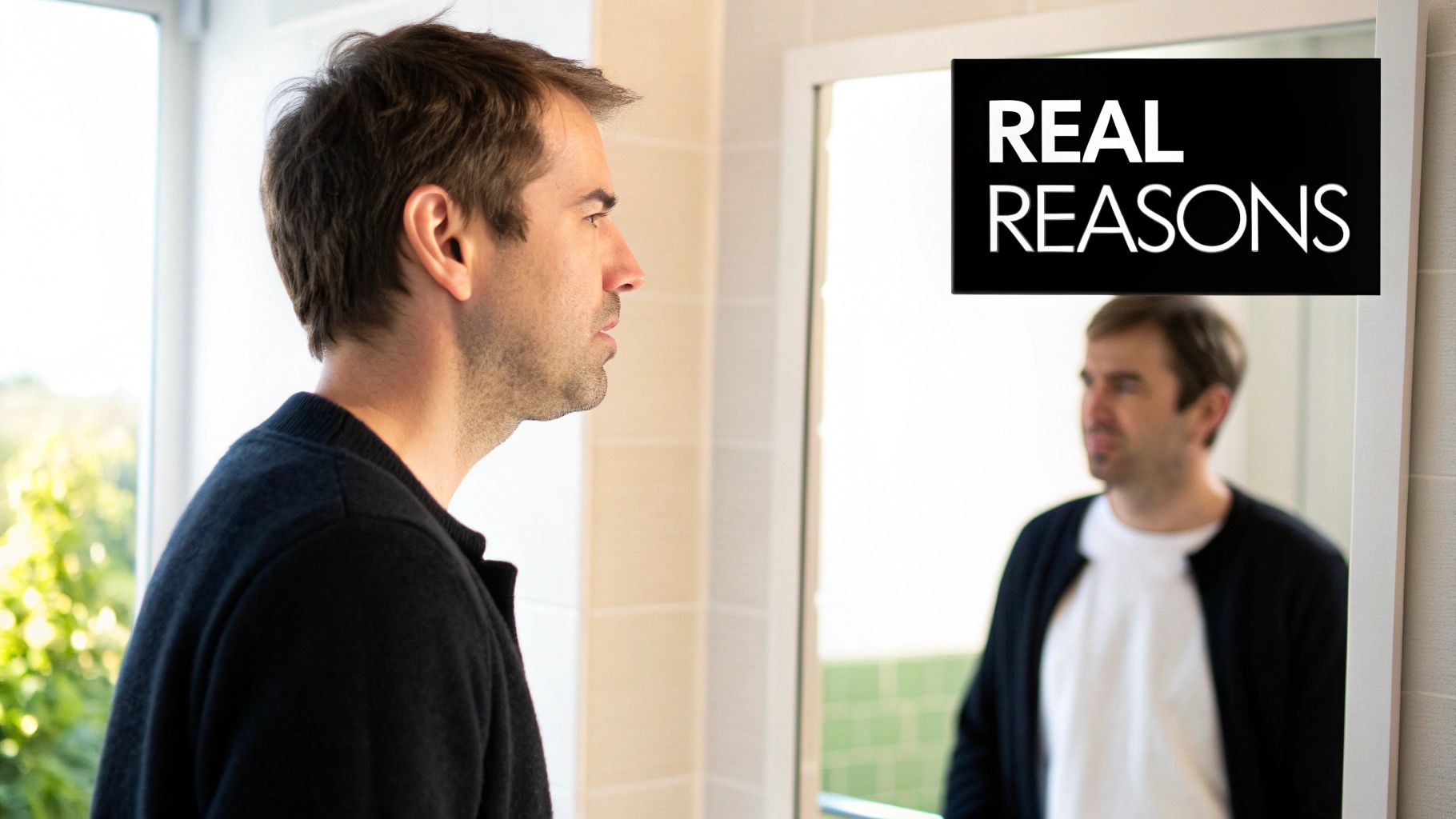 A man in a black cardigan looks introspectively at his reflection in a mirror with 'REAL REASONS' text.