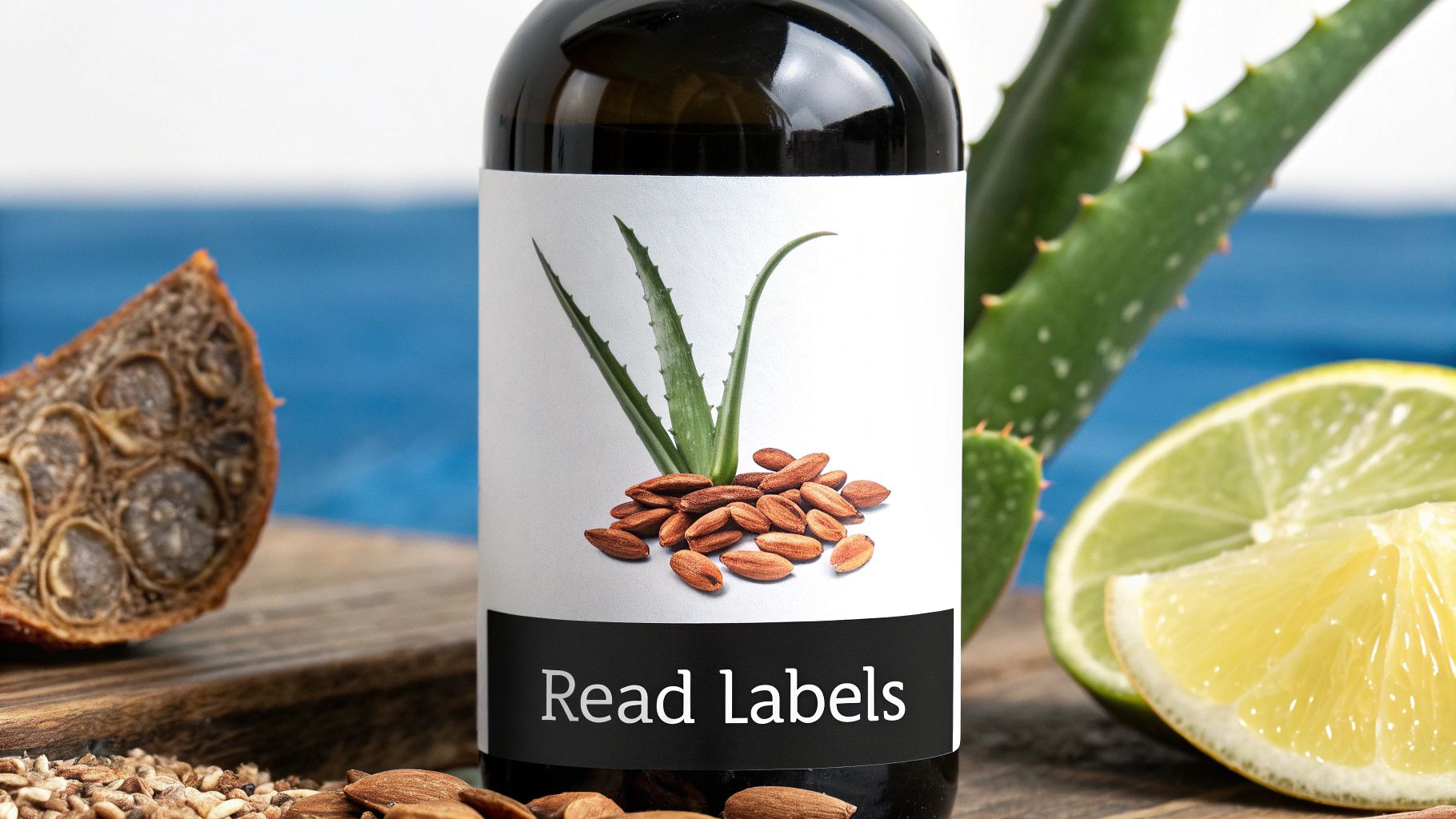 A man examining the ingredient label on a natural skincare product bottle.