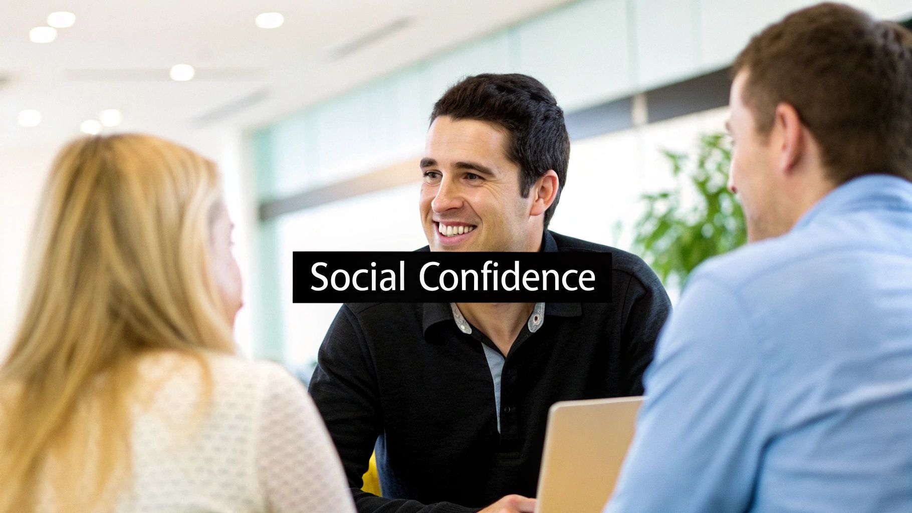 A man confidently shaking hands with a colleague in a professional office setting.