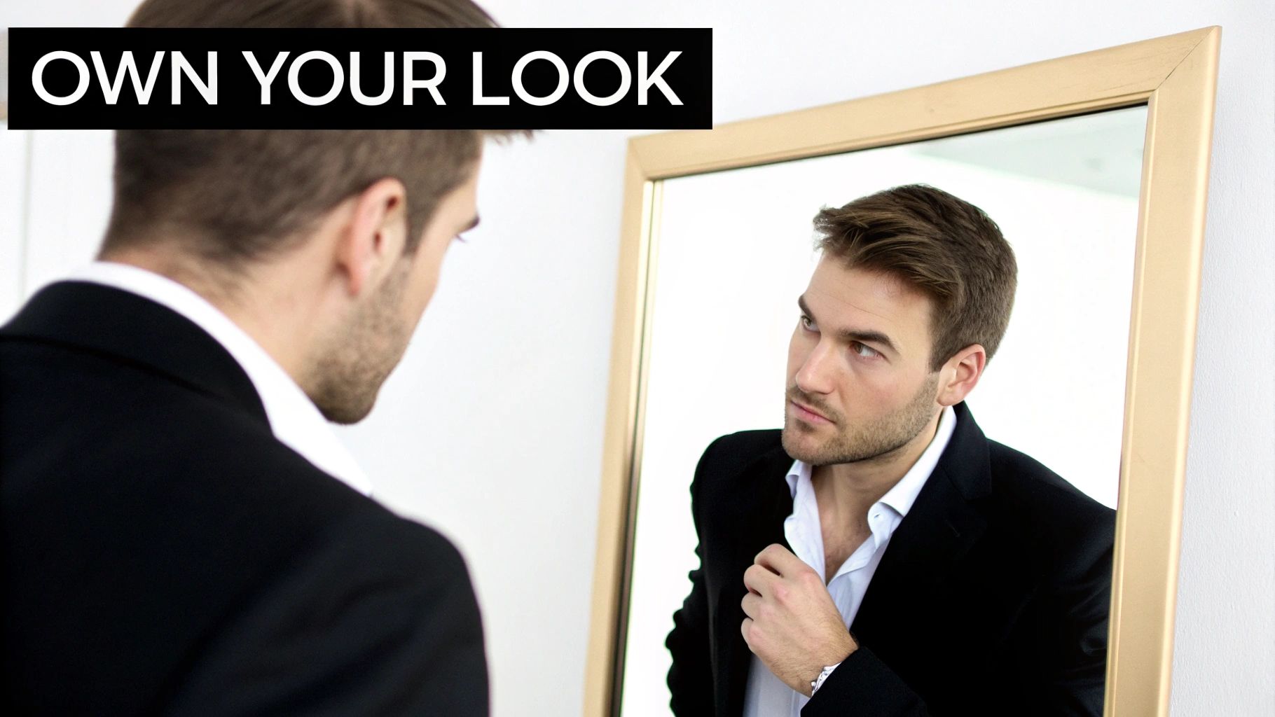 A stylish man looking in the mirror, adjusting his collar, with grooming products neatly arranged on the counter.