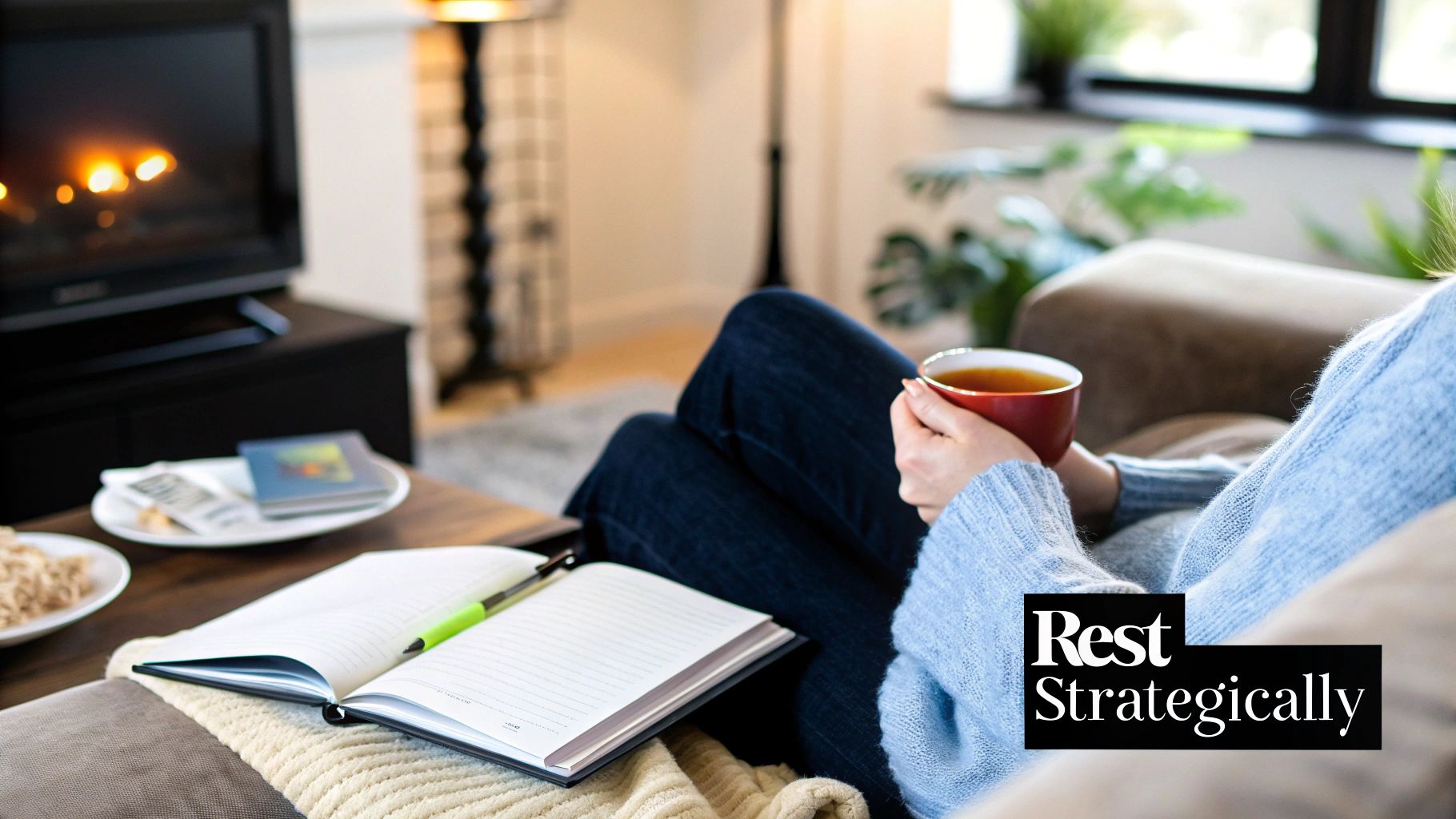 A person strategically resting on a couch to recover their energy.