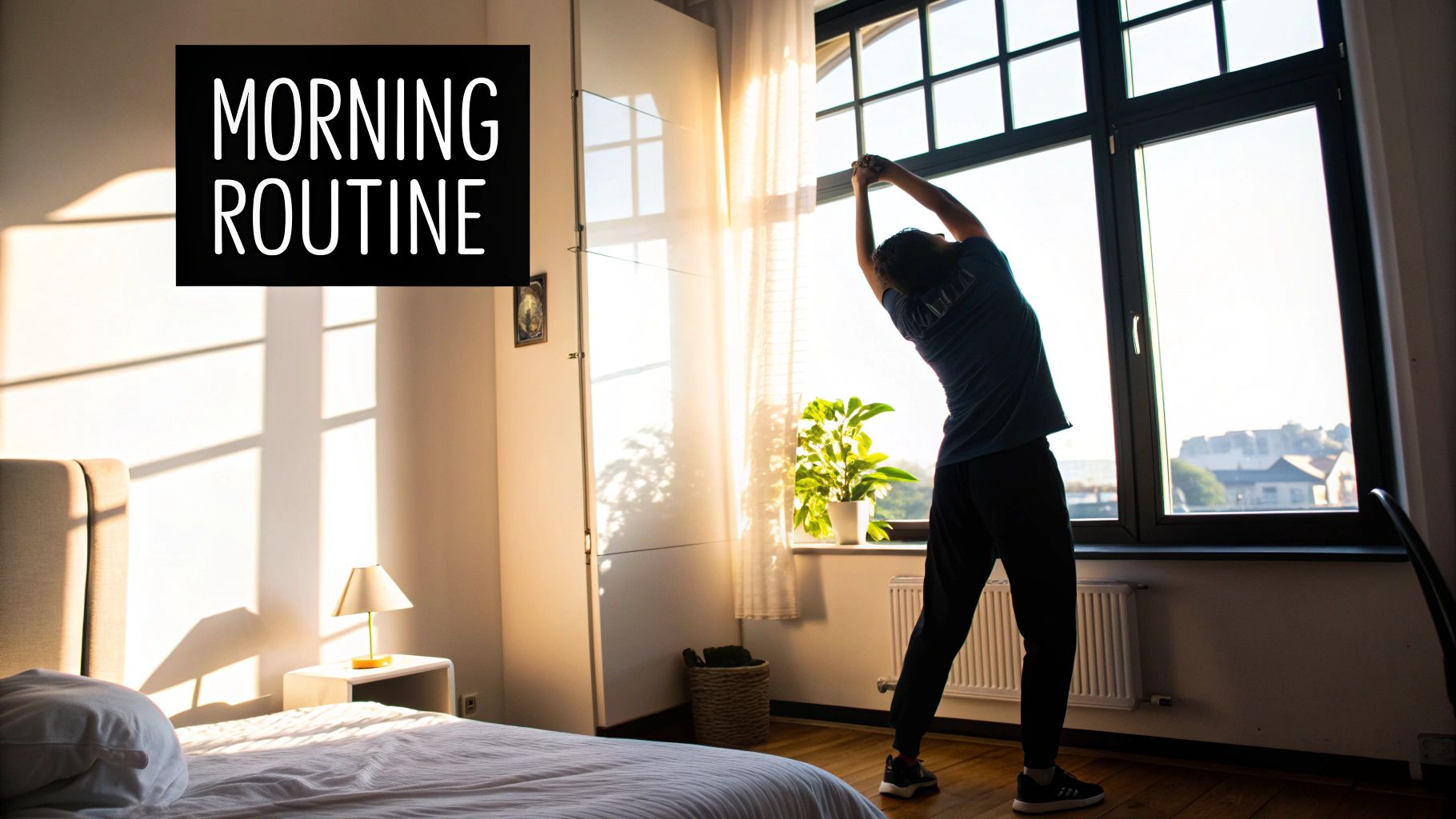 A man stretching in his apartment during sunrise, as part of his morning routine.
