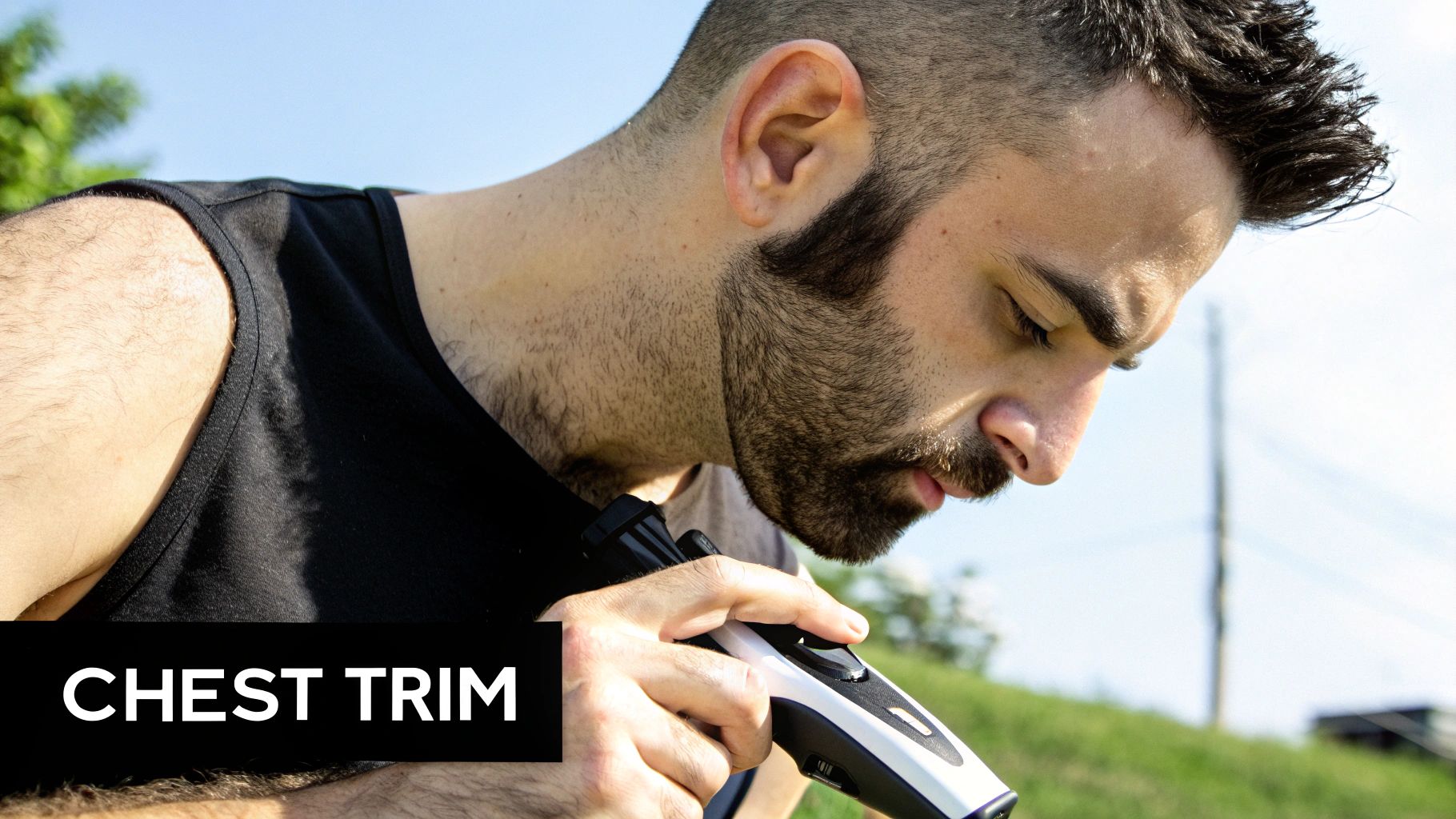 A man trimming his chest hair with an electric groomer in a clean, modern bathroom.