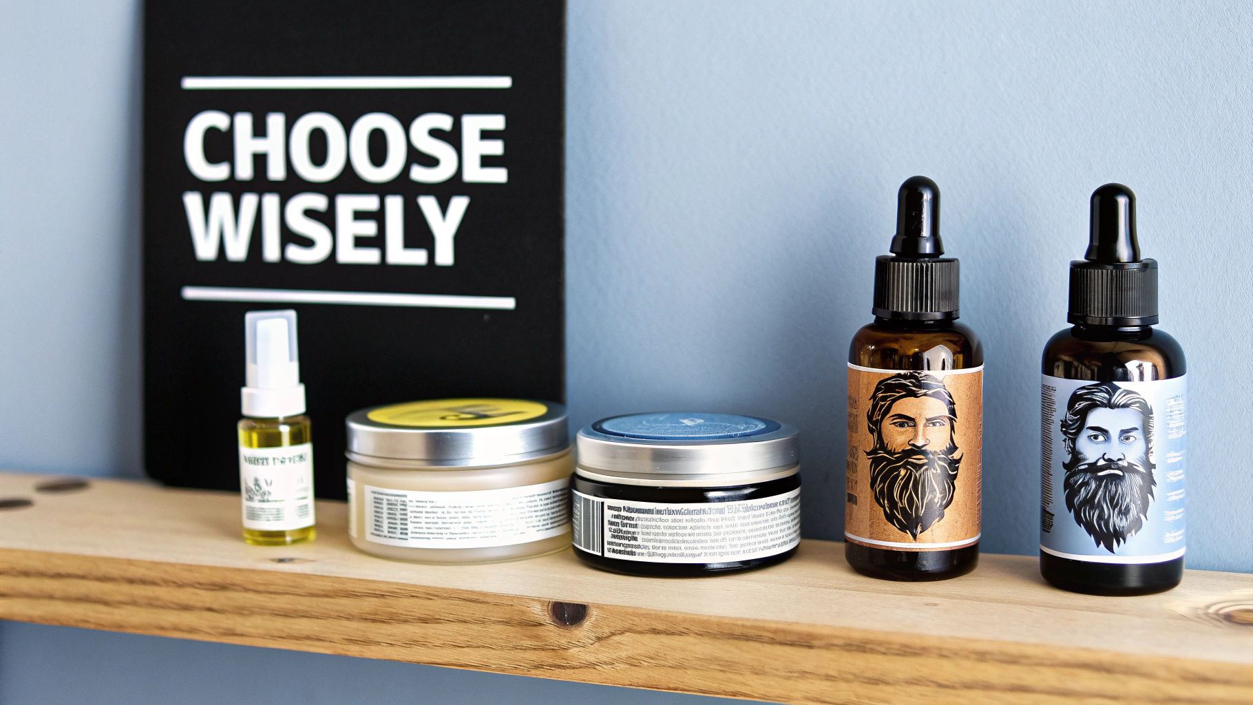 A collection of high-quality beard grooming products like oil, balm, and a comb.