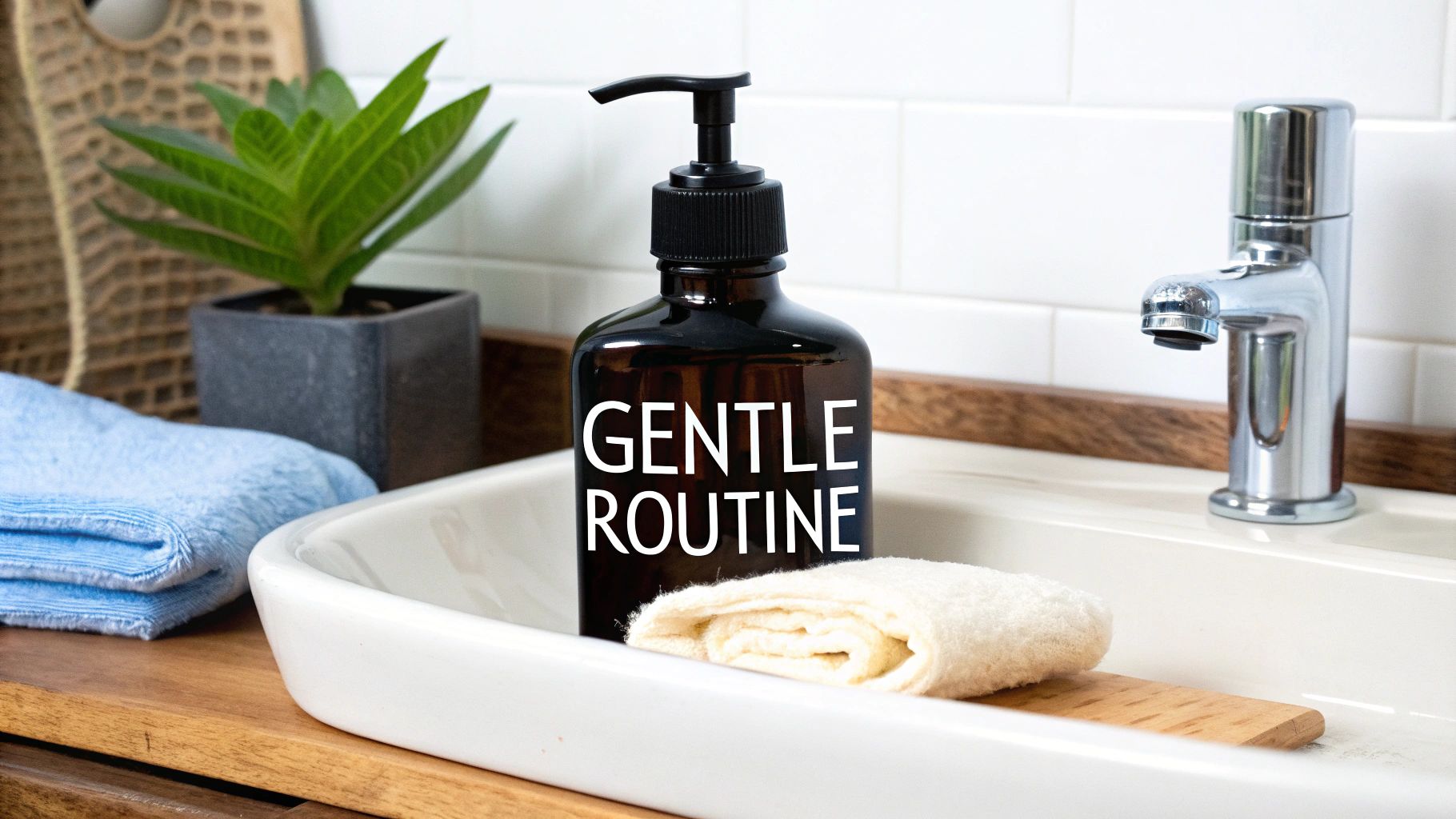 Amber glass pump bottle labeled Gentle Routine on white bathroom tray with towels and plant