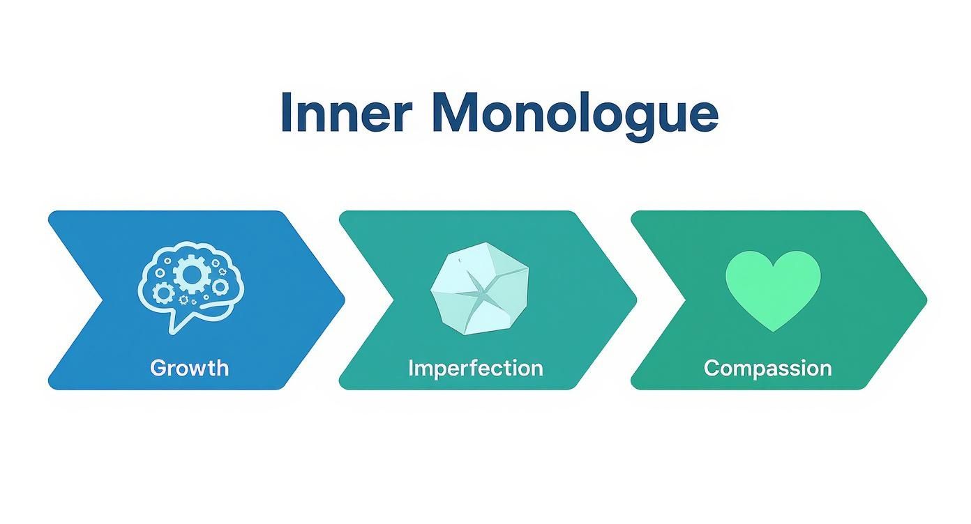 A visual diagram titled 'Inner Monologue' showing three steps: Growth, Imperfection, and Compassion.