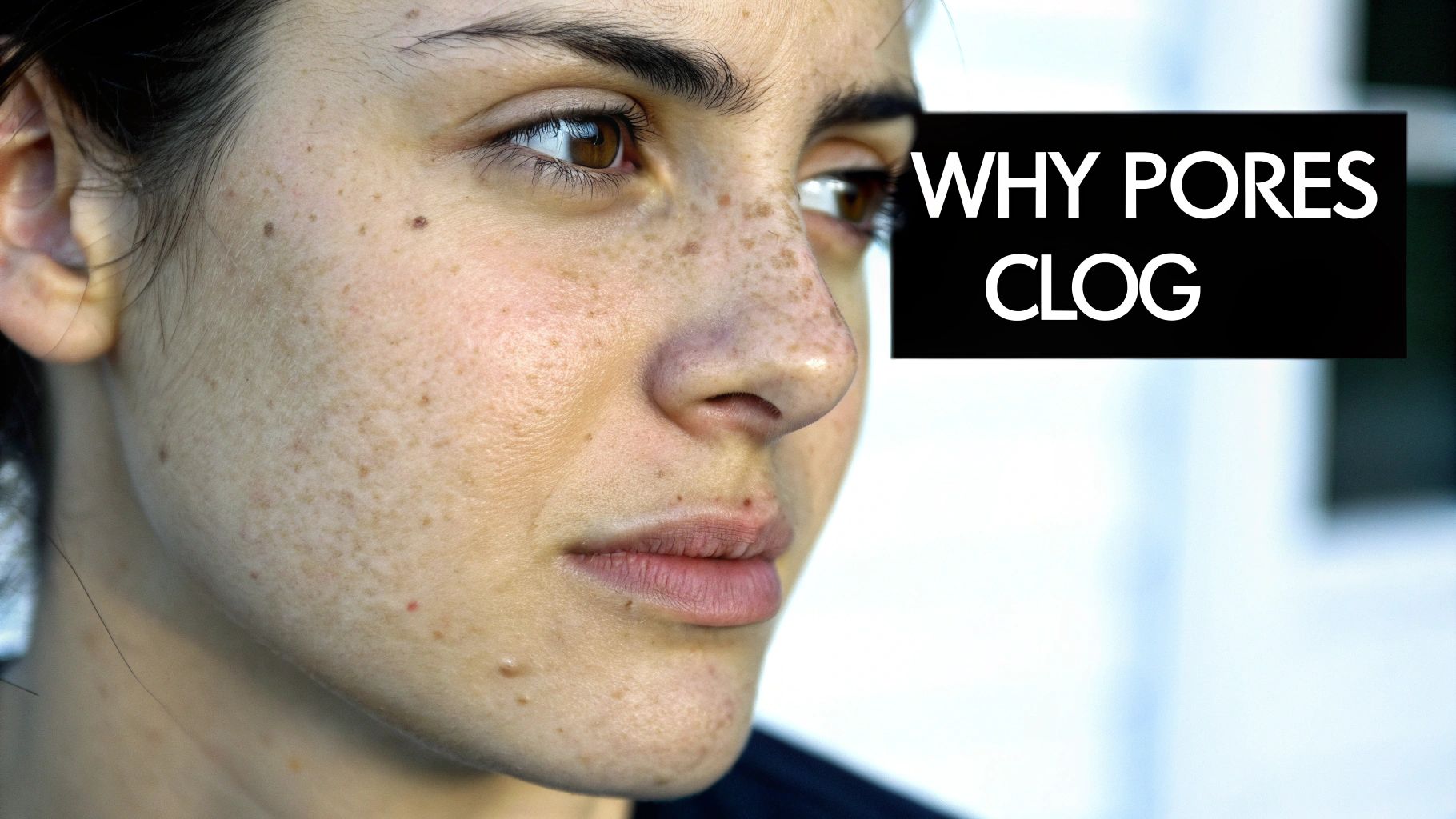 A magnified view of skin showing clogged pores, emphasizing the texture and appearance on the face.