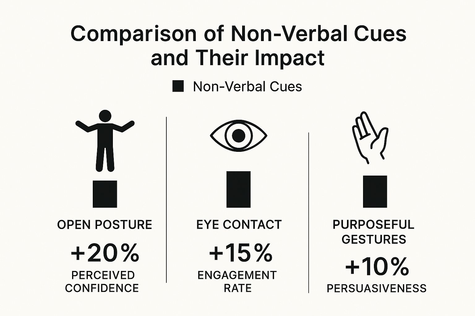 Infographic showing that open posture increases perceived confidence by 20%, eye contact boosts engagement by 15%, and purposeful gestures improve persuasiveness by 10%.