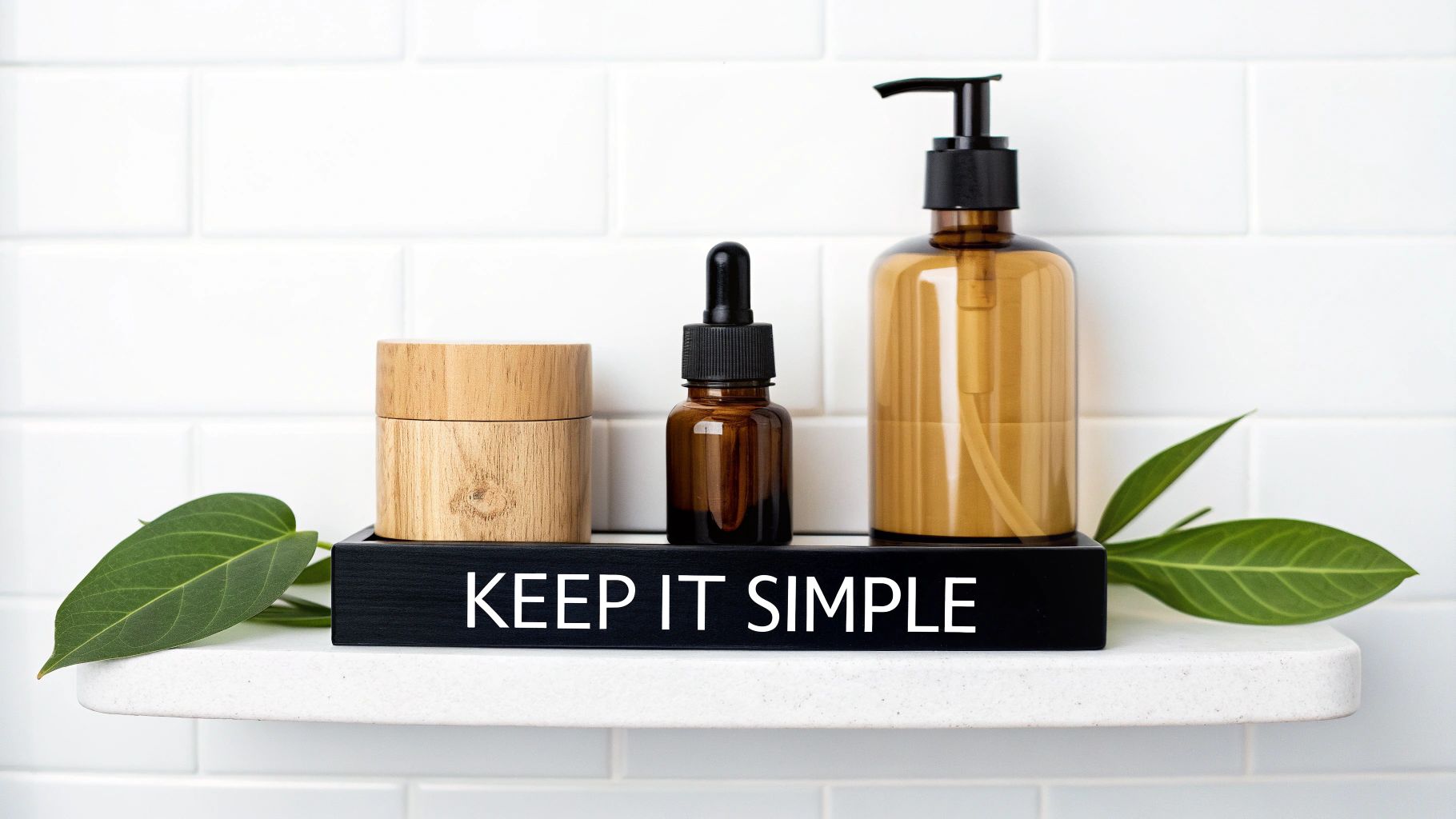 Eco-friendly natural skincare products on a white shelf with 'KEEP IT SIMPLE' text and green leaves.