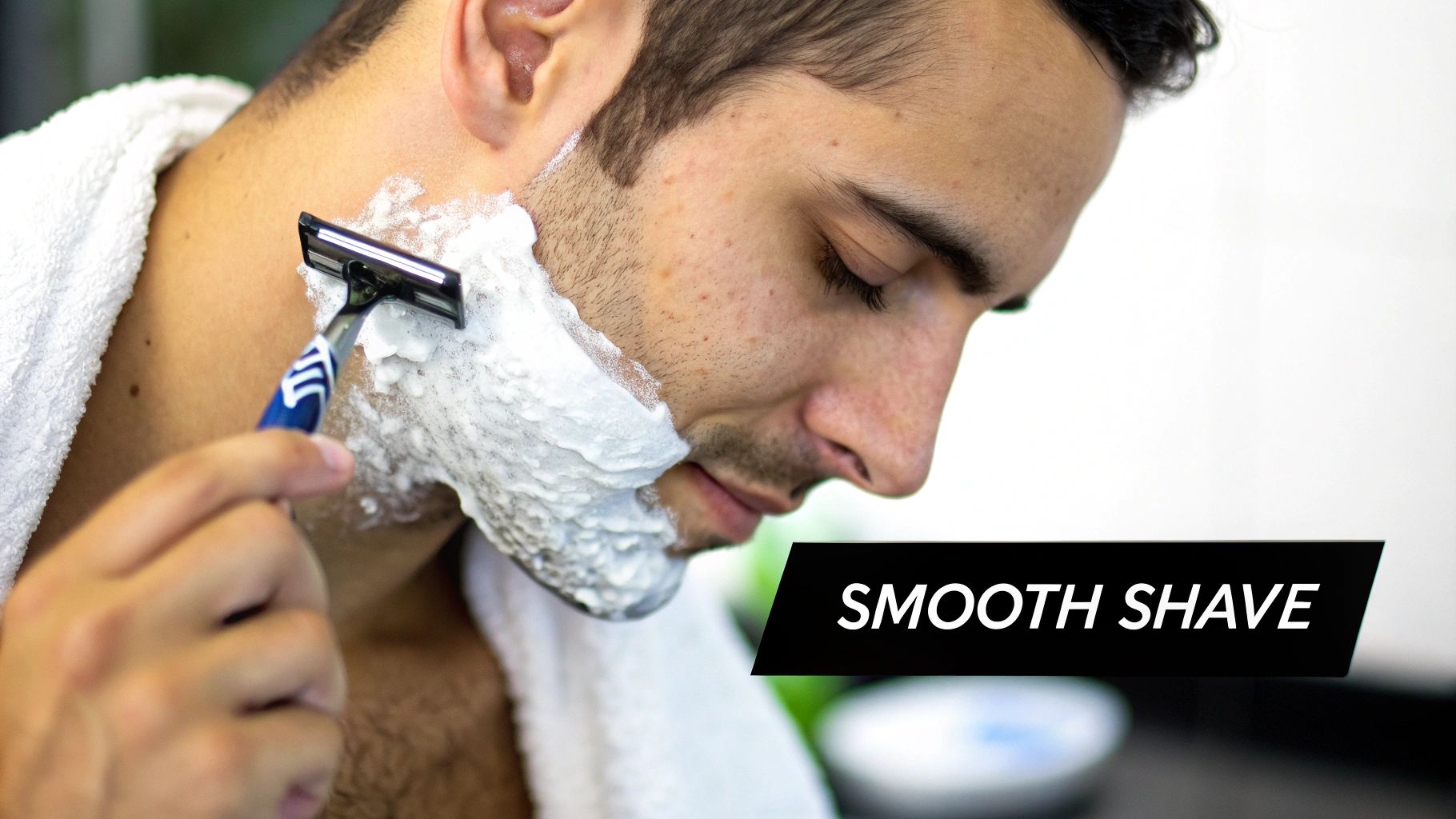 A man with a smooth, clean-shaven chest looking in a mirror.