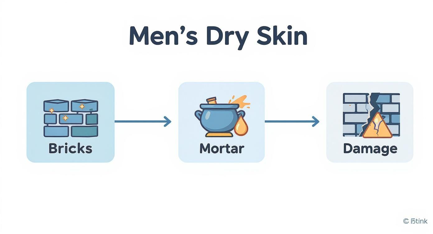 Diagram showing bricks, mortar, and damage illustrating how dry skin loses protective barrier causing skin damage