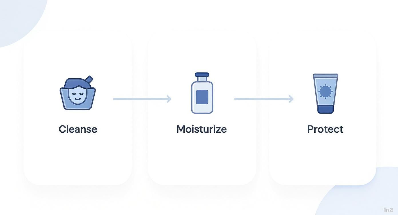 A diagram illustrating a three-step skincare routine: cleanse, moisturize, and protect with icons.