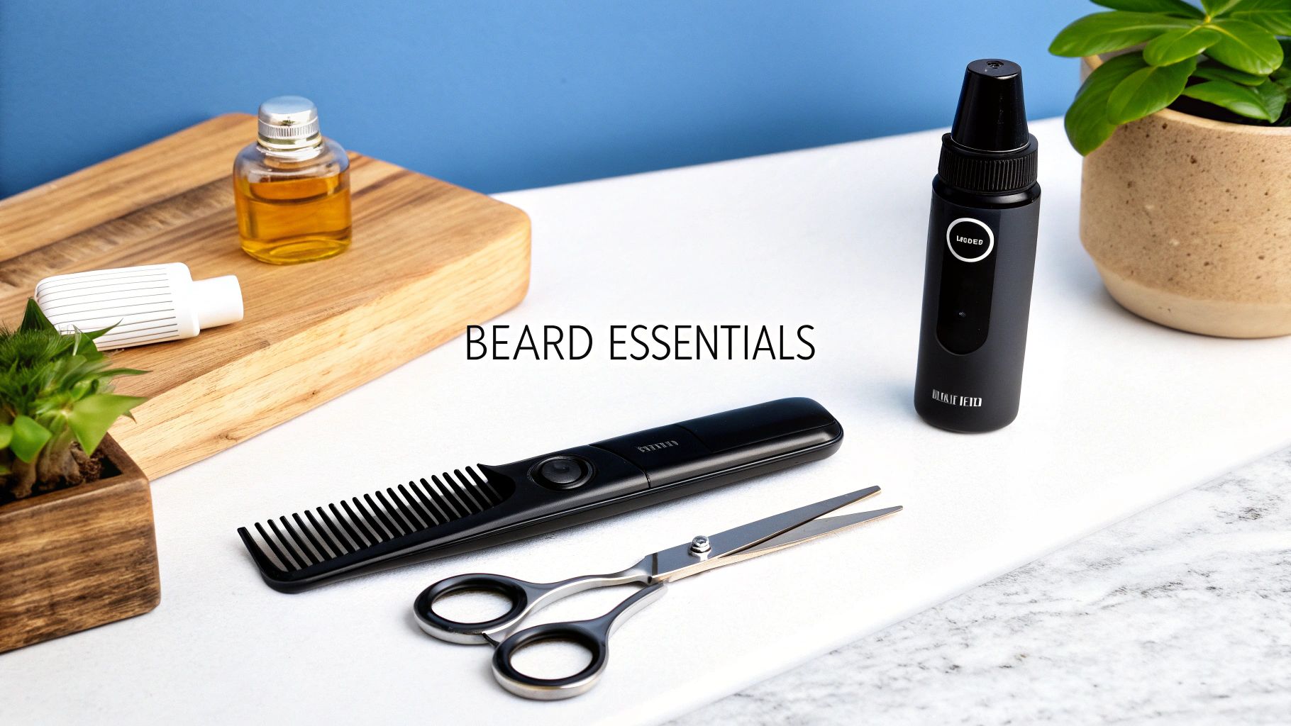 A collection of beard grooming tools including a trimmer, scissors, comb, and oil laid out neatly.