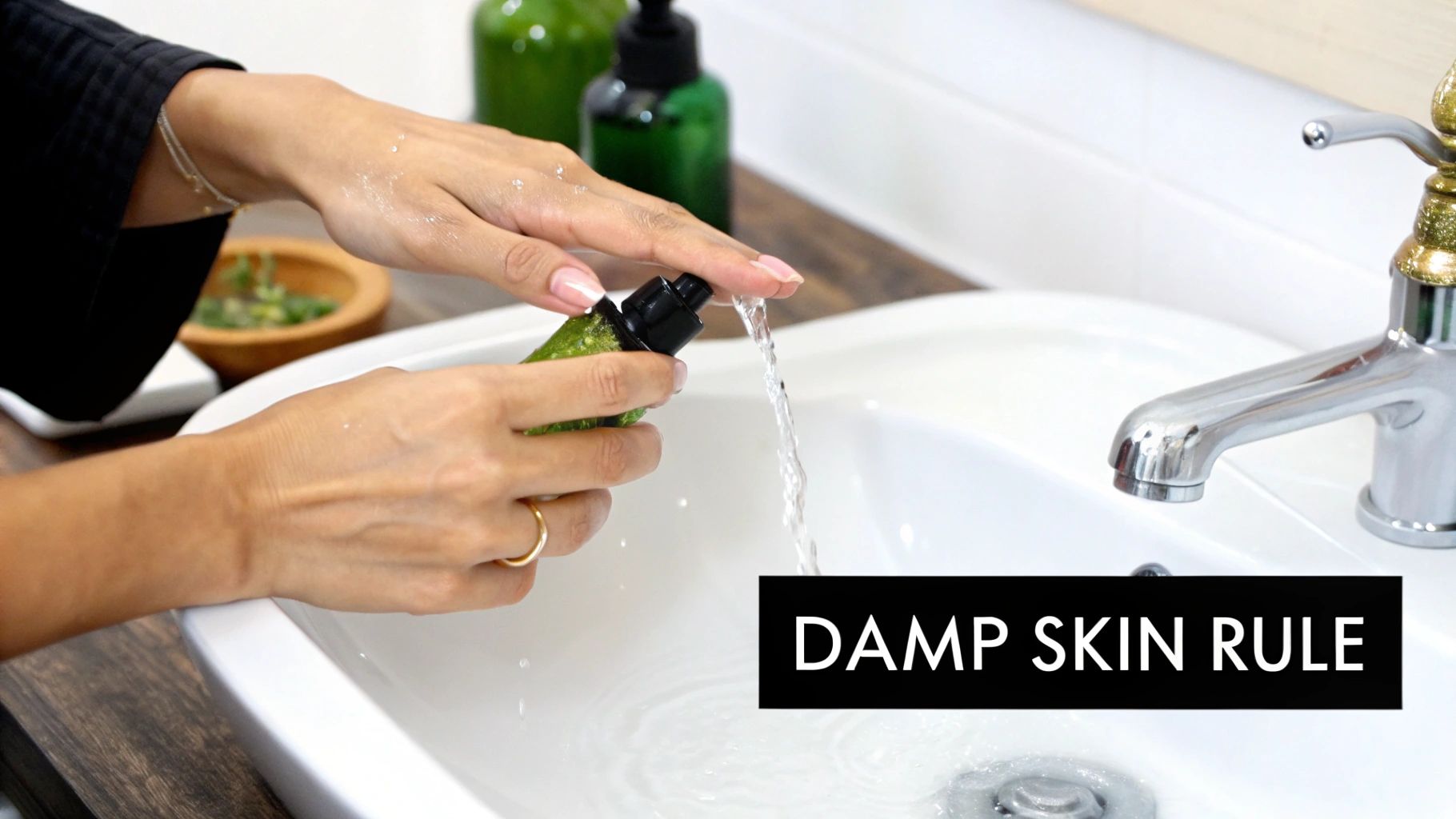 A woman applying moisturizer to her face after cleansing.