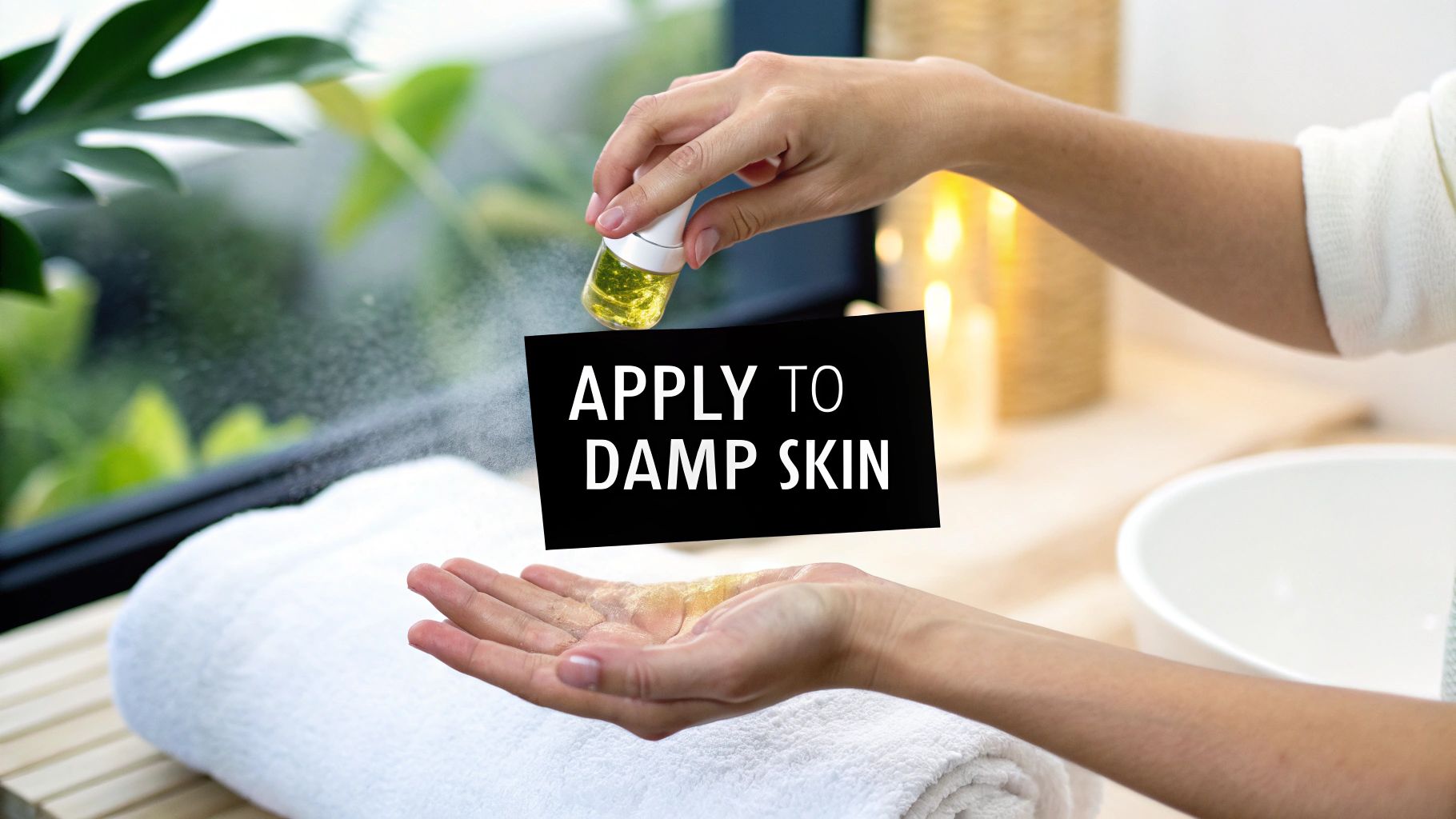 Woman applying golden body oil serum to damp skin after shower for better absorption