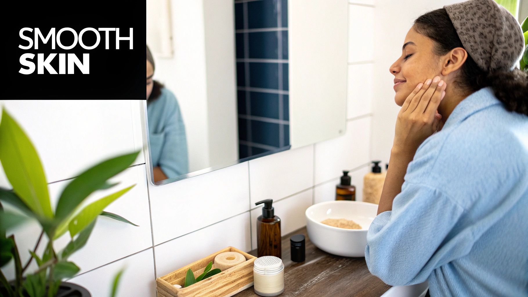 A man applying face scrub in the bathroom mirror