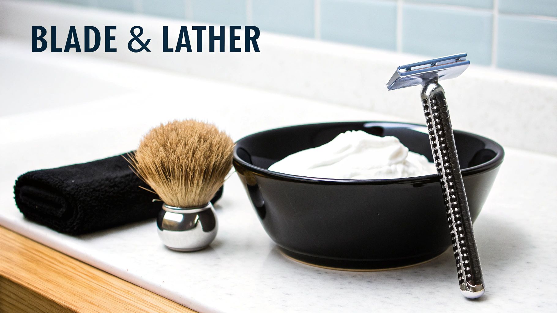 Close-up of a safety razor and shaving brush with rich lather