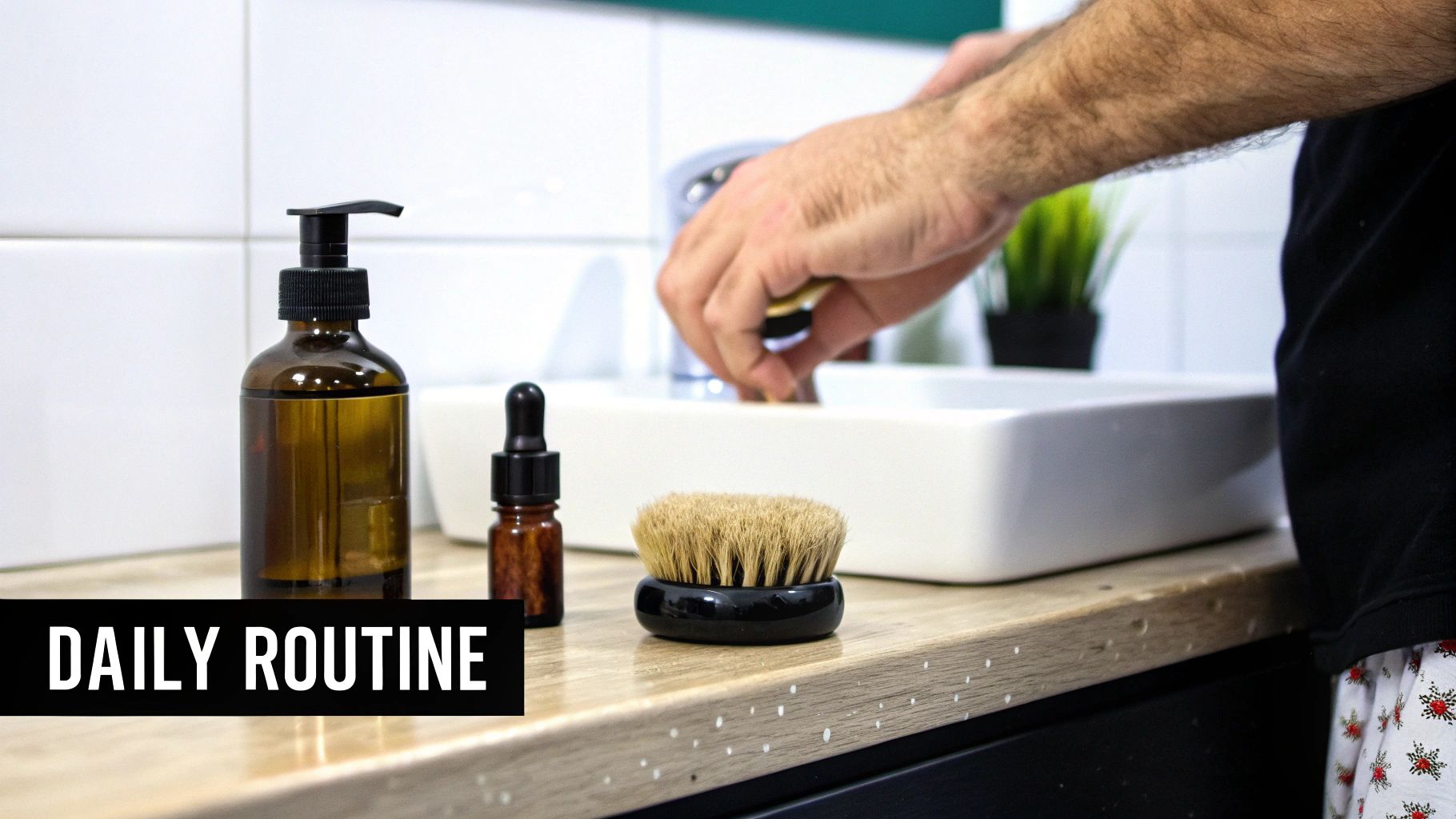 A man carefully applying beard oil, a key part of the daily ritual to combat dry skin under the beard.