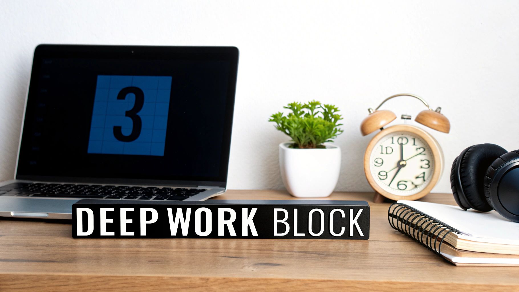 Desk setup with a laptop displaying '3', a 'DEEP WORK BLOCK' sign, plant, clock, and headphones.