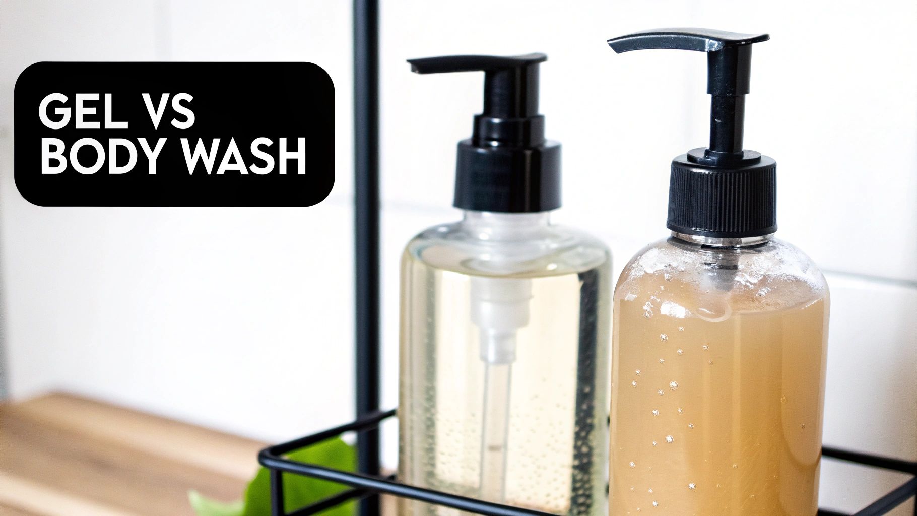 Bottles of shower gel and body wash on a modern bathroom shelf.