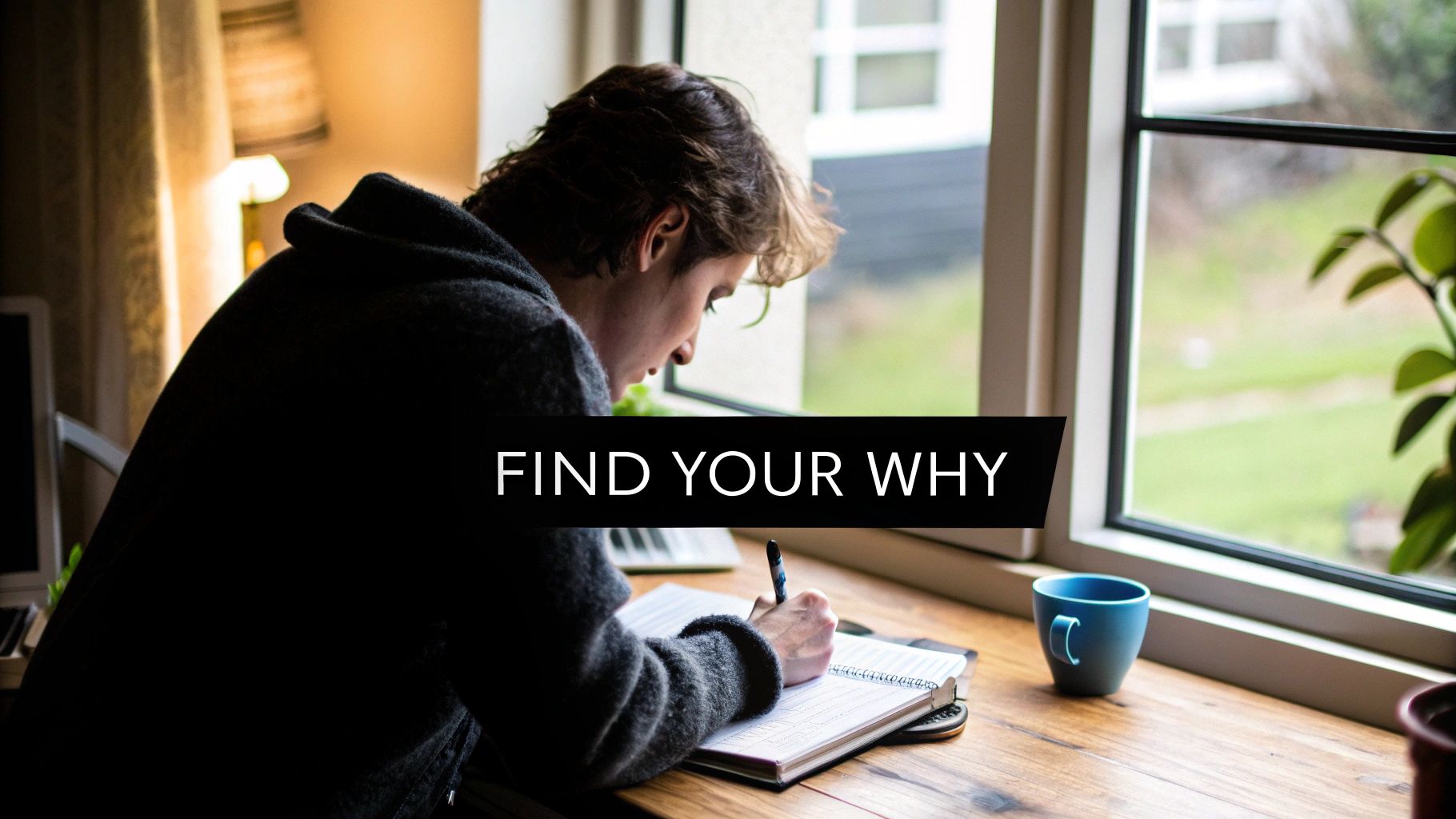 A man looking thoughtfully at a vision board filled with aspirational images.