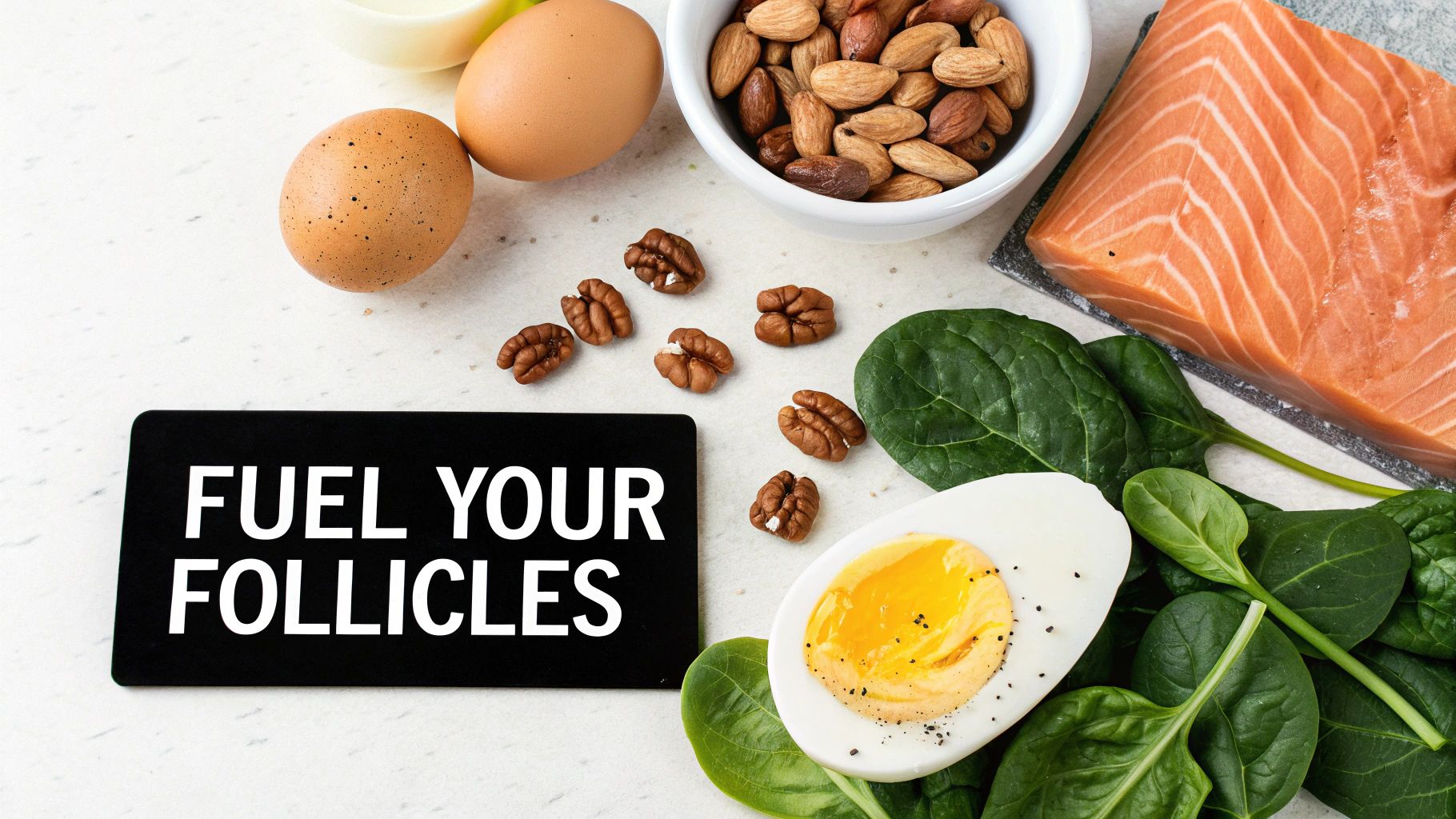 A spread of healthy foods like eggs, nuts, and leafy greens, symbolizing nutrients for beard growth.