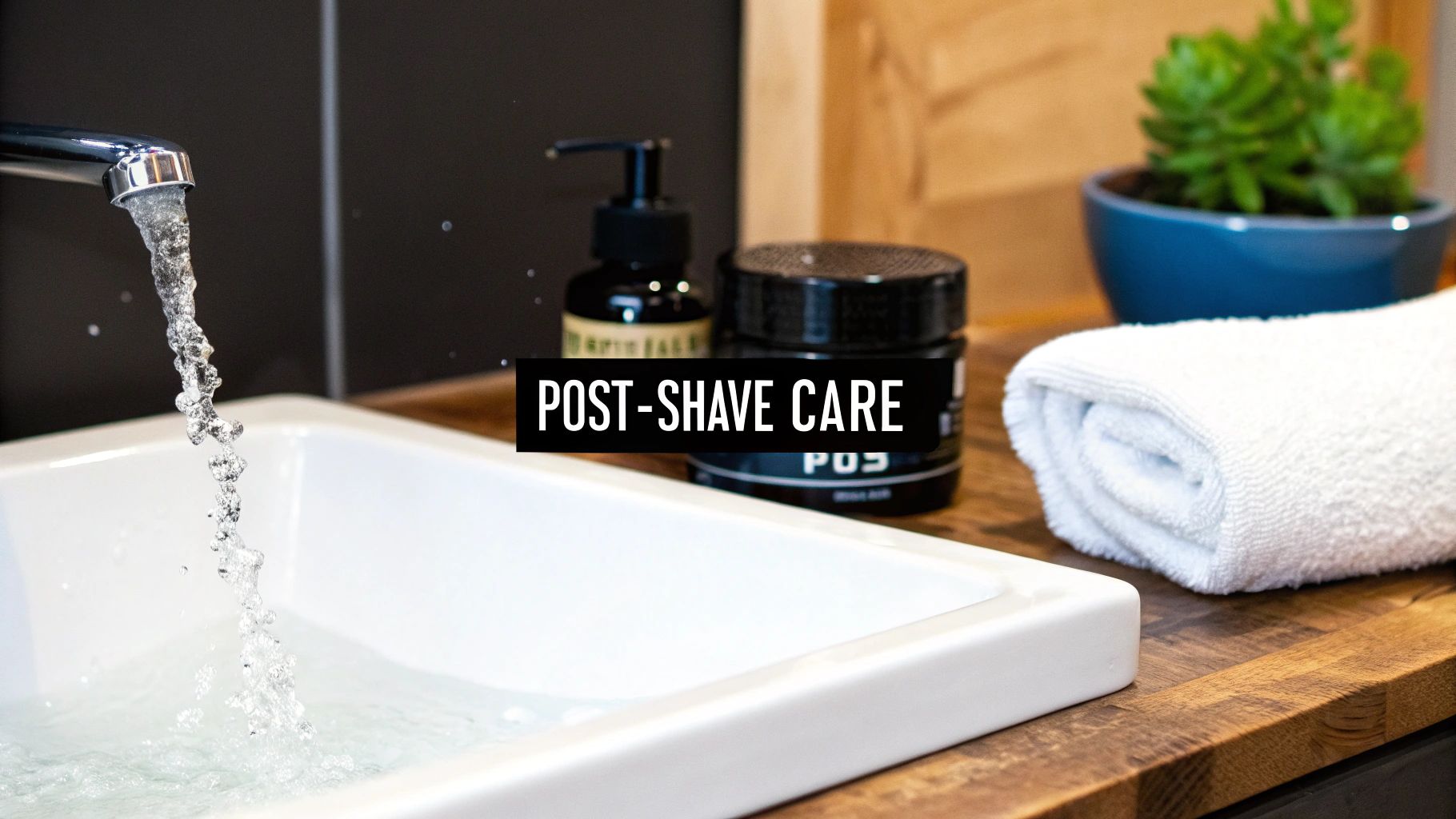 Post-shave care products arranged on wooden bathroom counter with running water and white towel