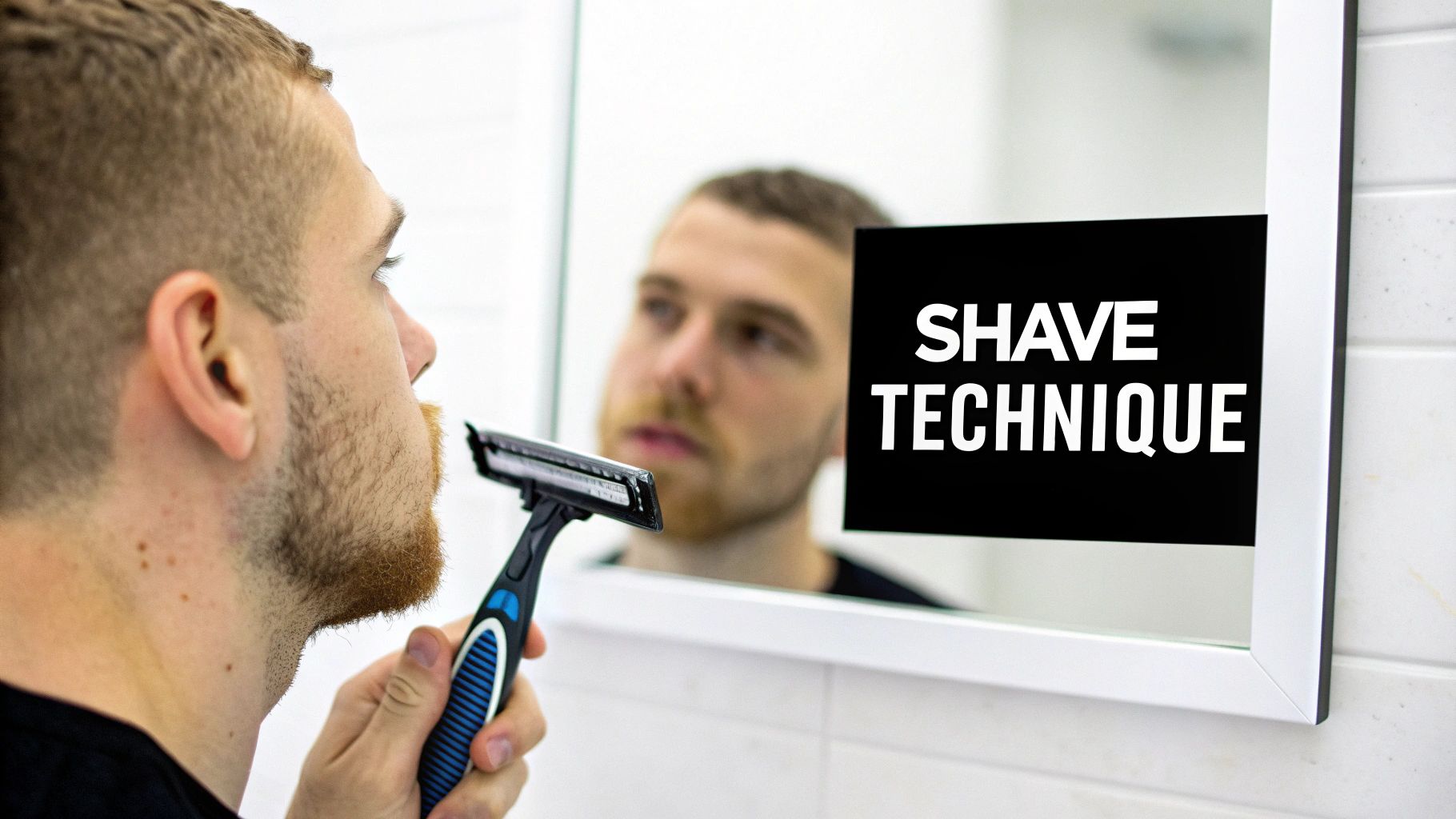 Man carefully shaving his jawline with a safety razor