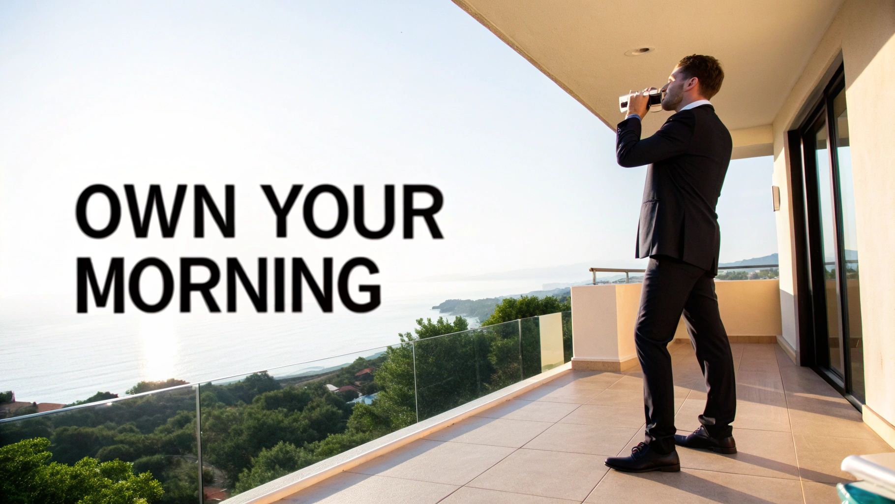A man looking out a window in the morning, holding a cup of coffee and contemplating the day ahead.