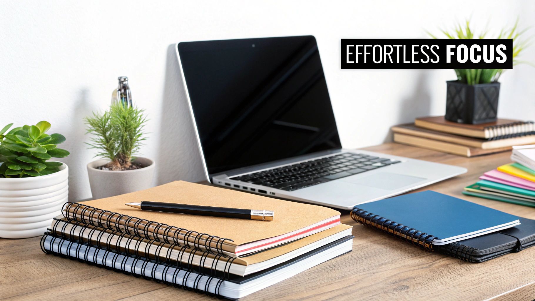 A person sitting at a clean, organized desk with a plant and a laptop, looking focused.