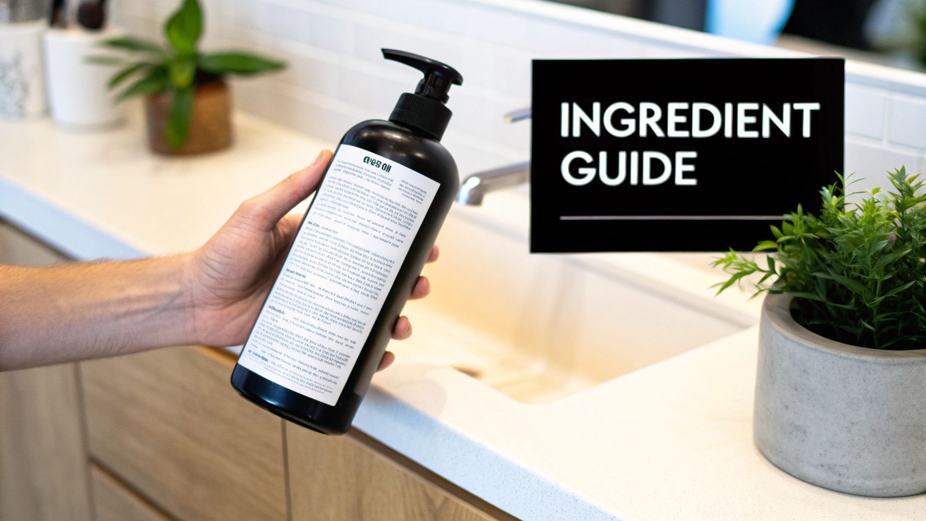 A close-up of a man's hand holding a bottle of body wash and examining the ingredient label