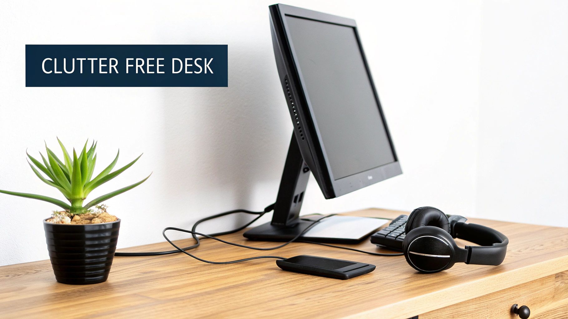 A clean and organized wooden desk featuring a monitor, green plant, headphones, and smartphone.