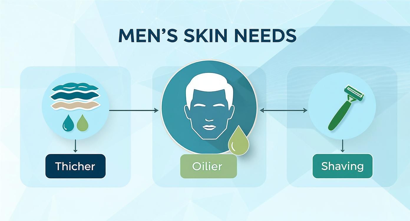 A diagram illustrating men's skin needs, highlighting thicker skin, oilier complexion, and shaving requirements.