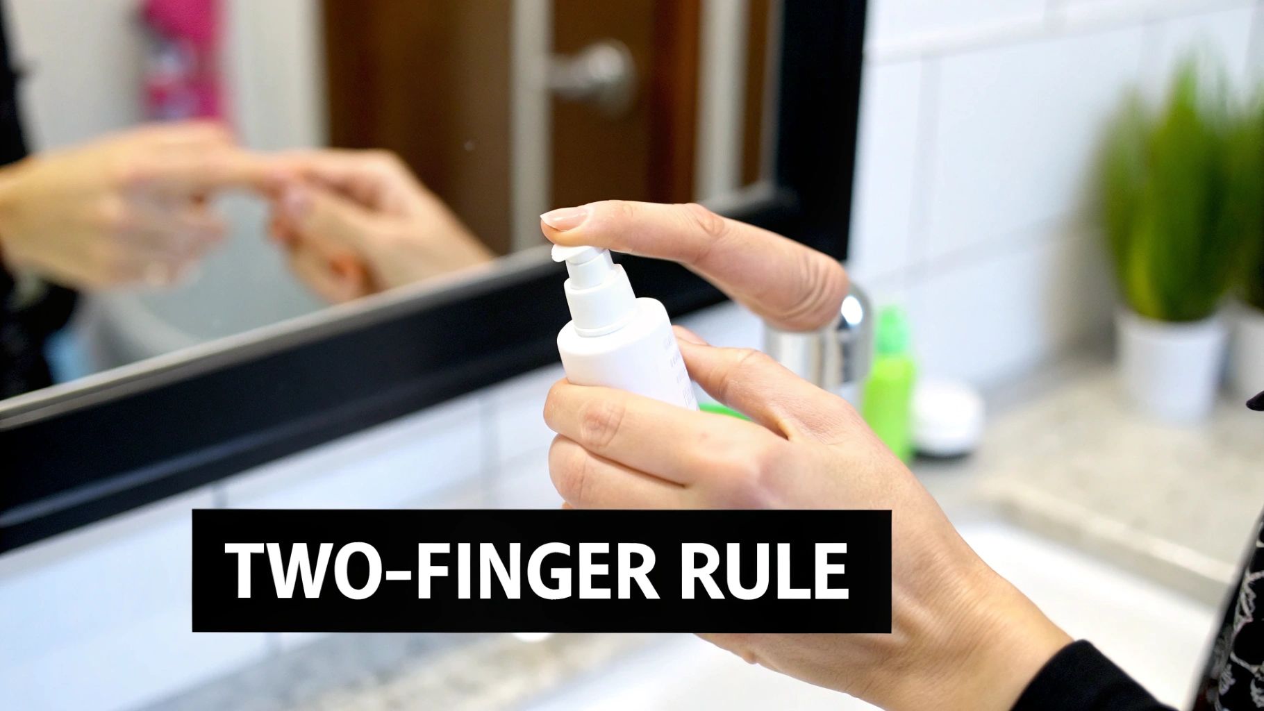 Close-up of hands dispensing face lotion from a white pump bottle in a bathroom, illustrating the 'TWO-FINGER RULE'.