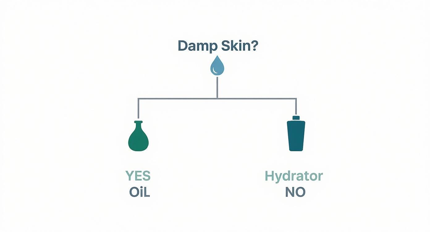 Flowchart diagram showing damp skin care choice between oil and hydrator with water droplet illustration