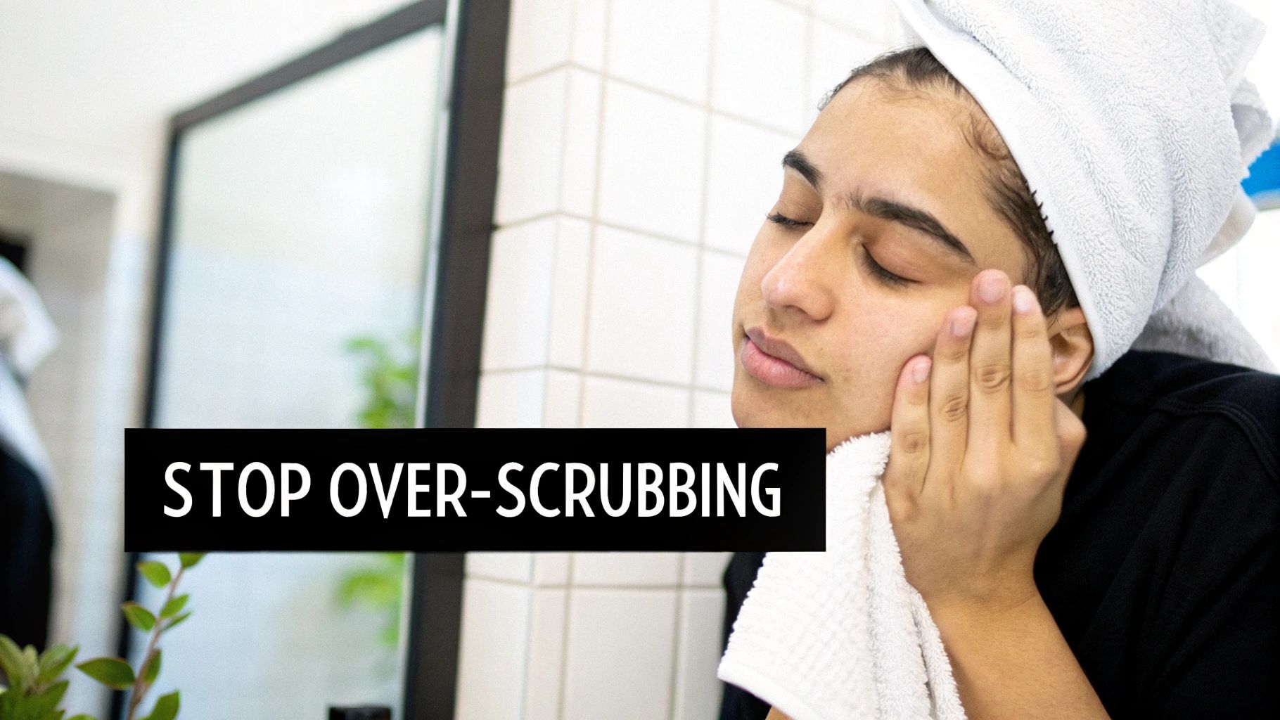 A woman with a towel wrapped around her hair, gently cleansing her face over a sink.