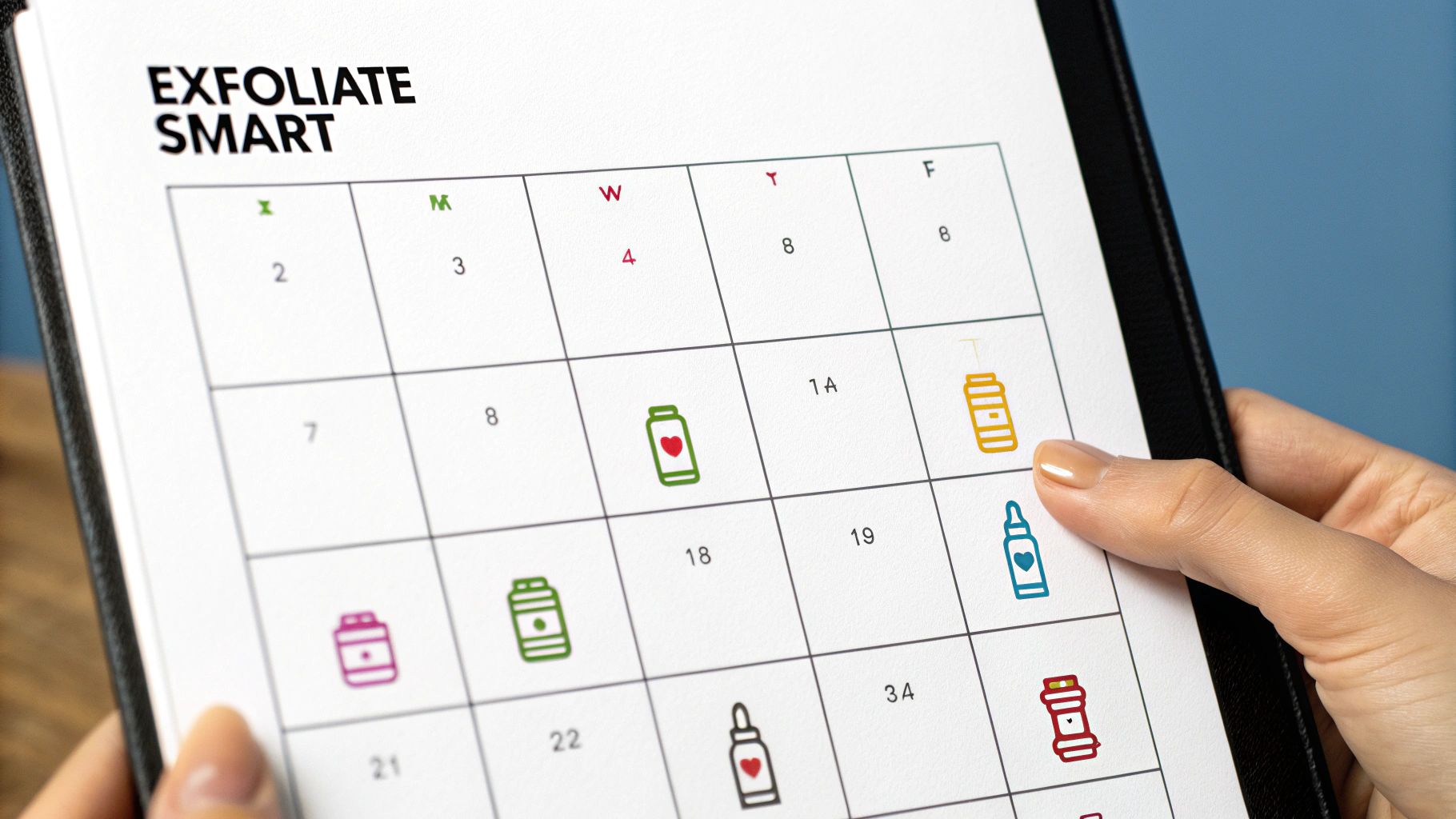 A calendar with skincare products around it, symbolizing an exfoliation schedule.