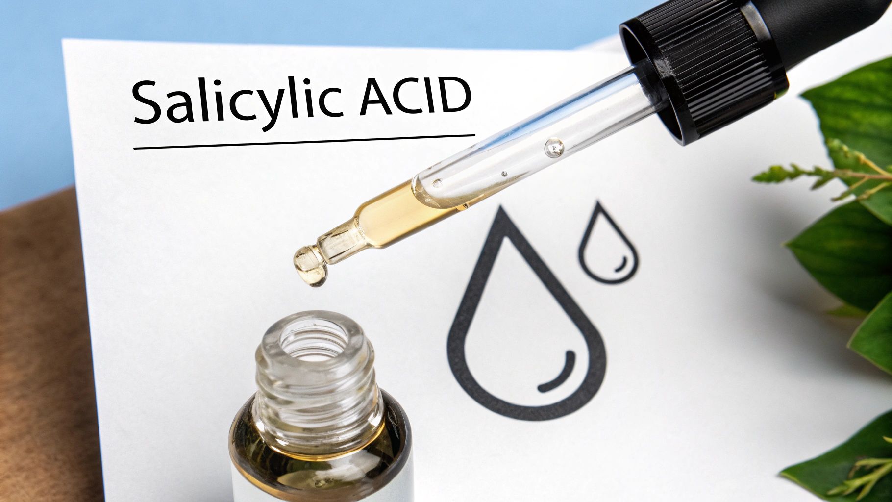 Skincare products with key ingredients like salicylic acid displayed on a clean, modern surface.