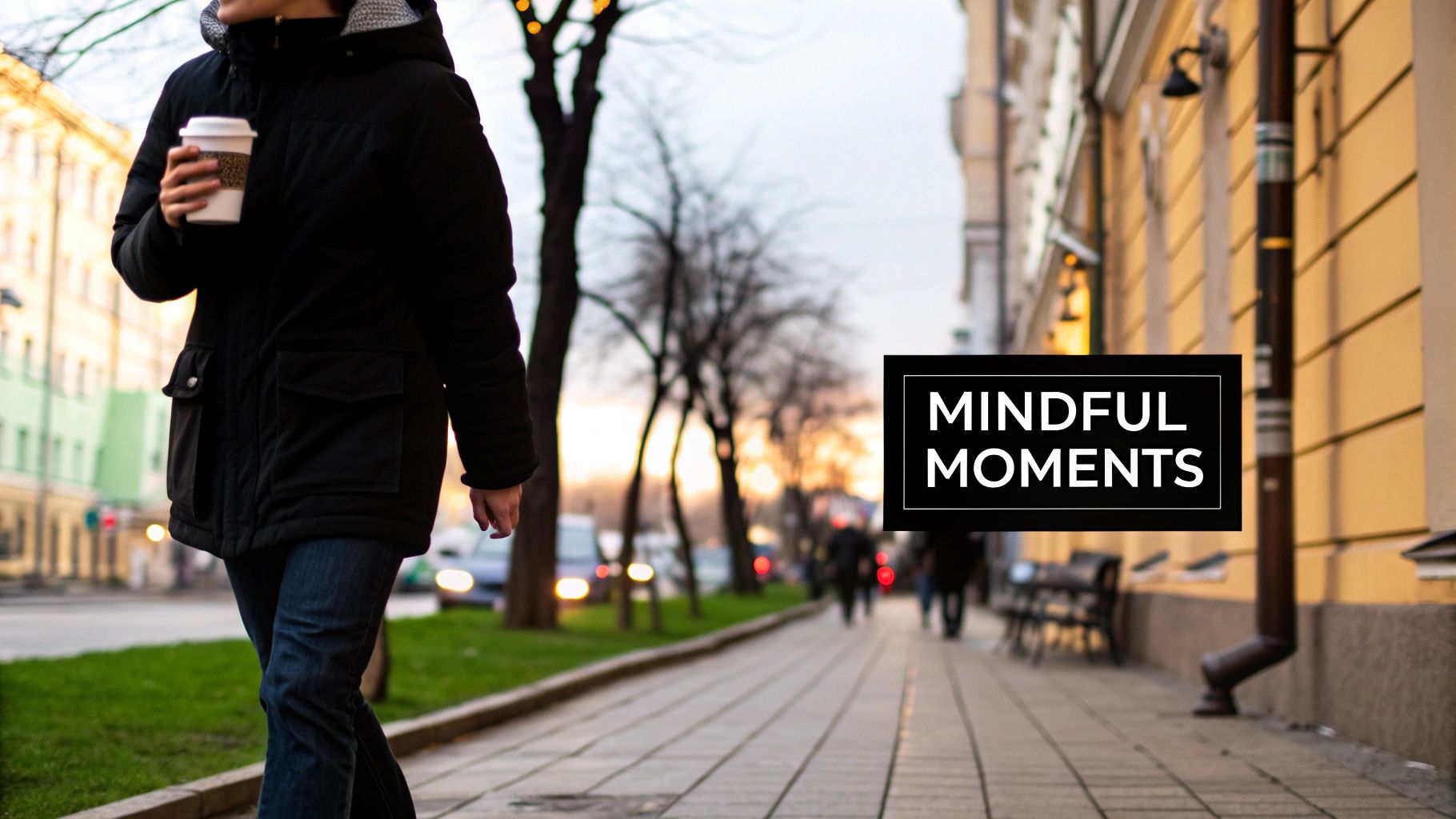 A young man sitting on a park bench, looking thoughtfully at the trees, practicing mindfulness without formal meditation.
